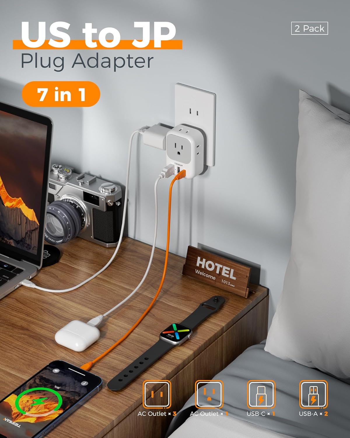 ADAPTADOR DE ENCHUFE TESSAN TIPO A DE 2 A 3 PINES PARA JAPÓN, PACK DE 2 UNIDADES - 3