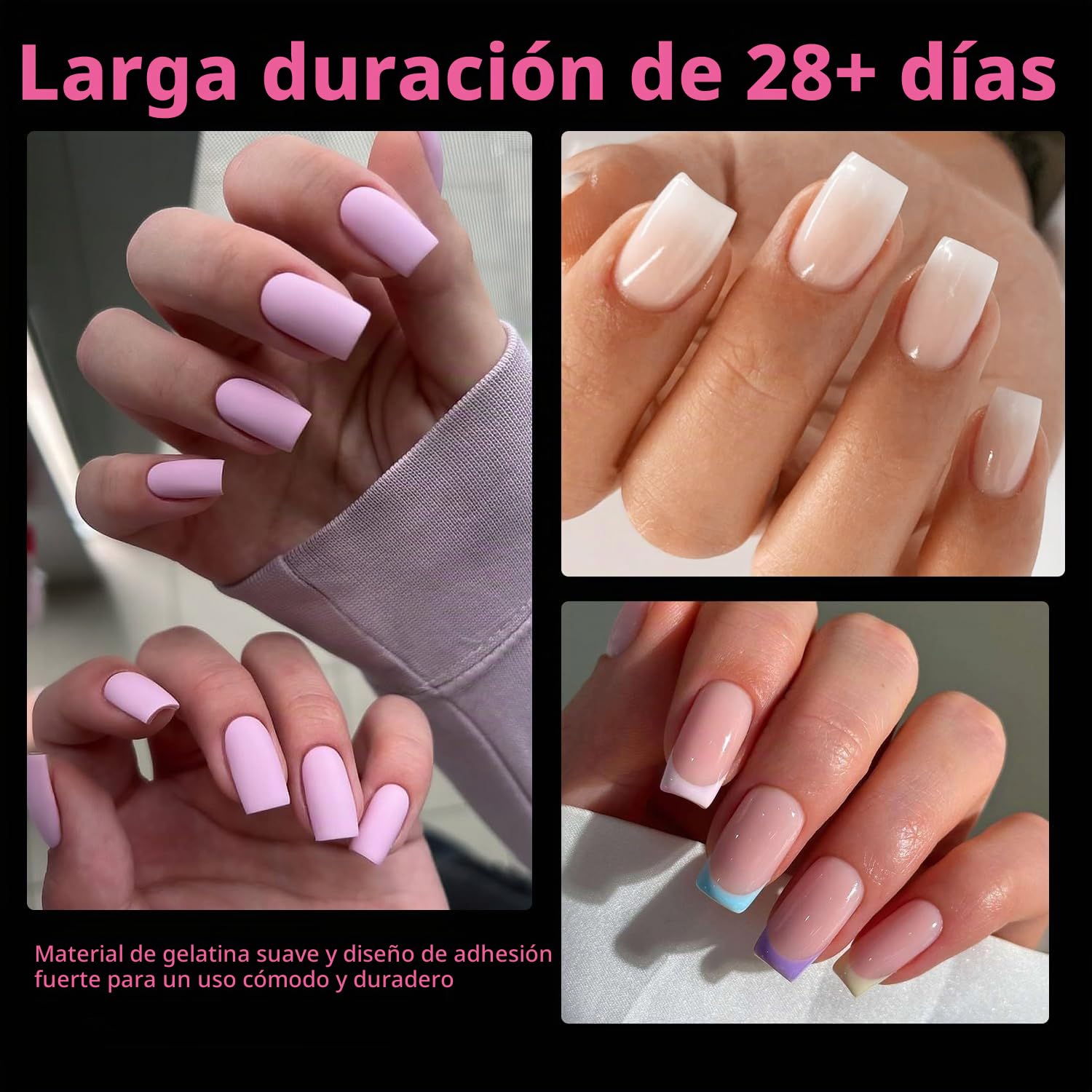 UÑAS POSTIZAS UNA GELLA CUADRADAS CORTAS 504 PIEZAS PRE LIMADAS - 3