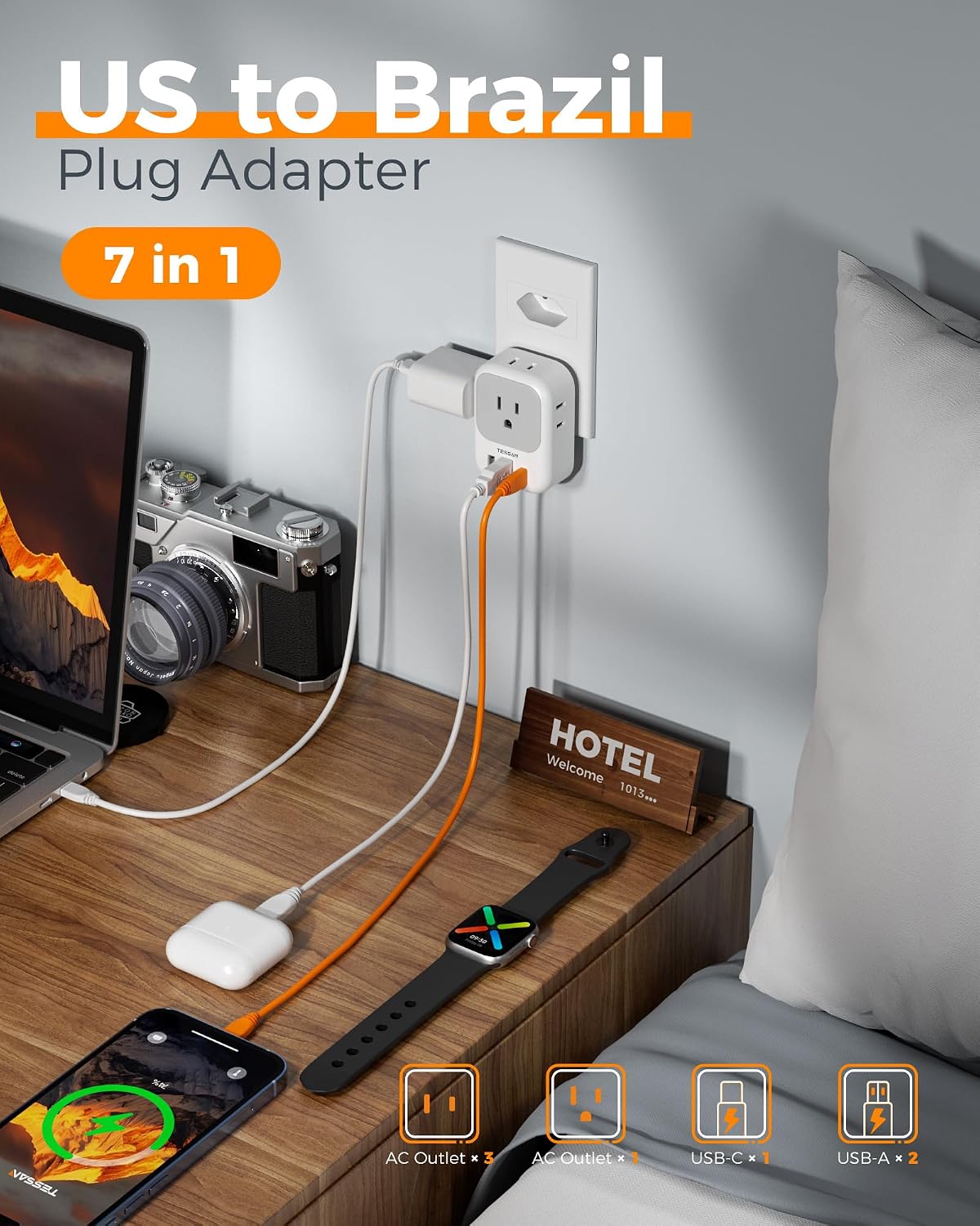 ADAPTADOR DE ENCHUFE TESSAN BRASIL TIPO N 7 EN 1 CON USB, PACK DE 2 UNIDADES - 3