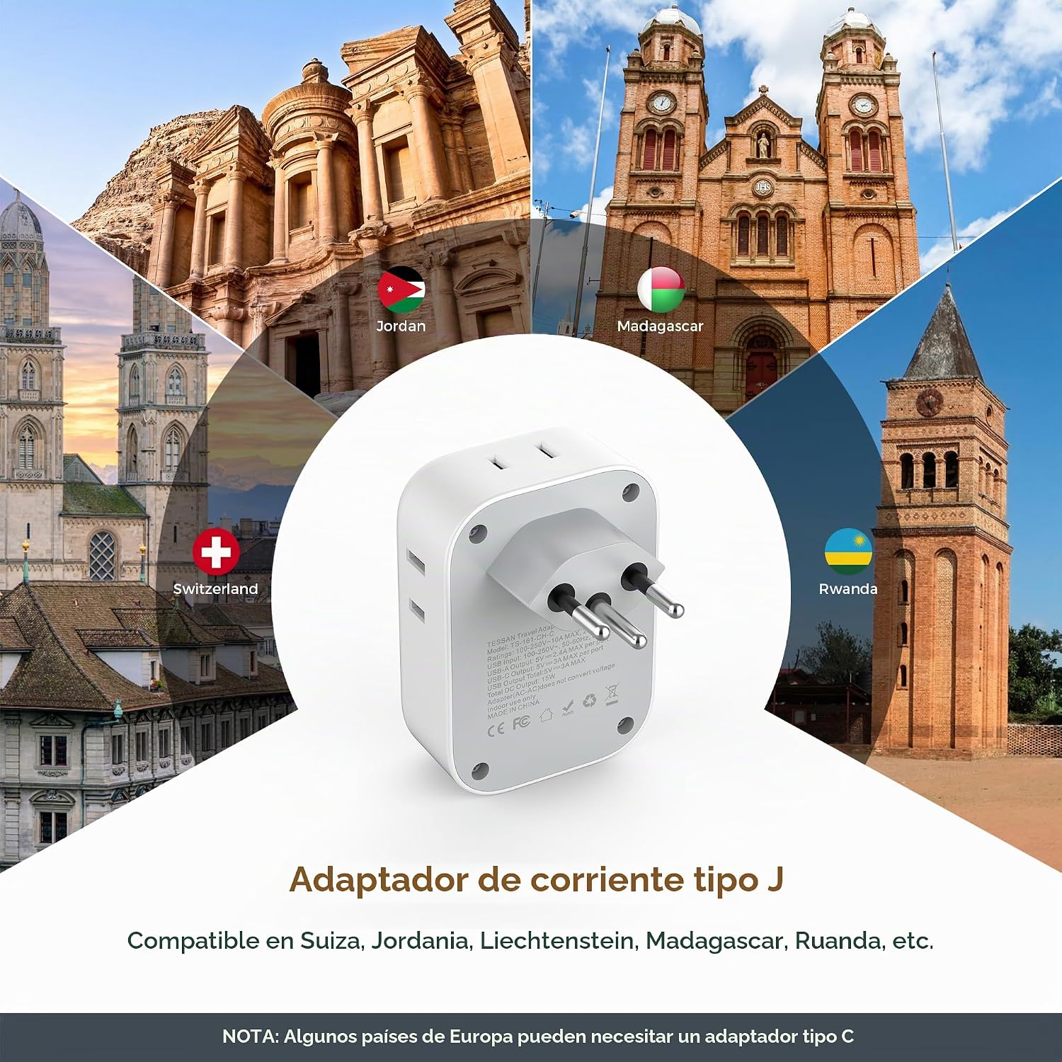 ADAPTADOR DE VIAJE TESSAN TYPE J SUIZA 7 EN 1 CON USB, PACK DE 2 UNIDADES - 2