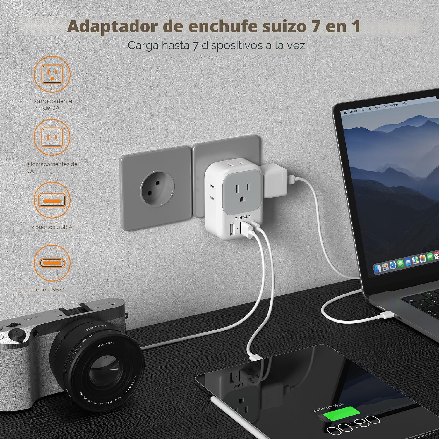 ADAPTADOR DE VIAJE TESSAN TYPE J SUIZA 7 EN 1 CON USB, PACK DE 2 UNIDADES - 3