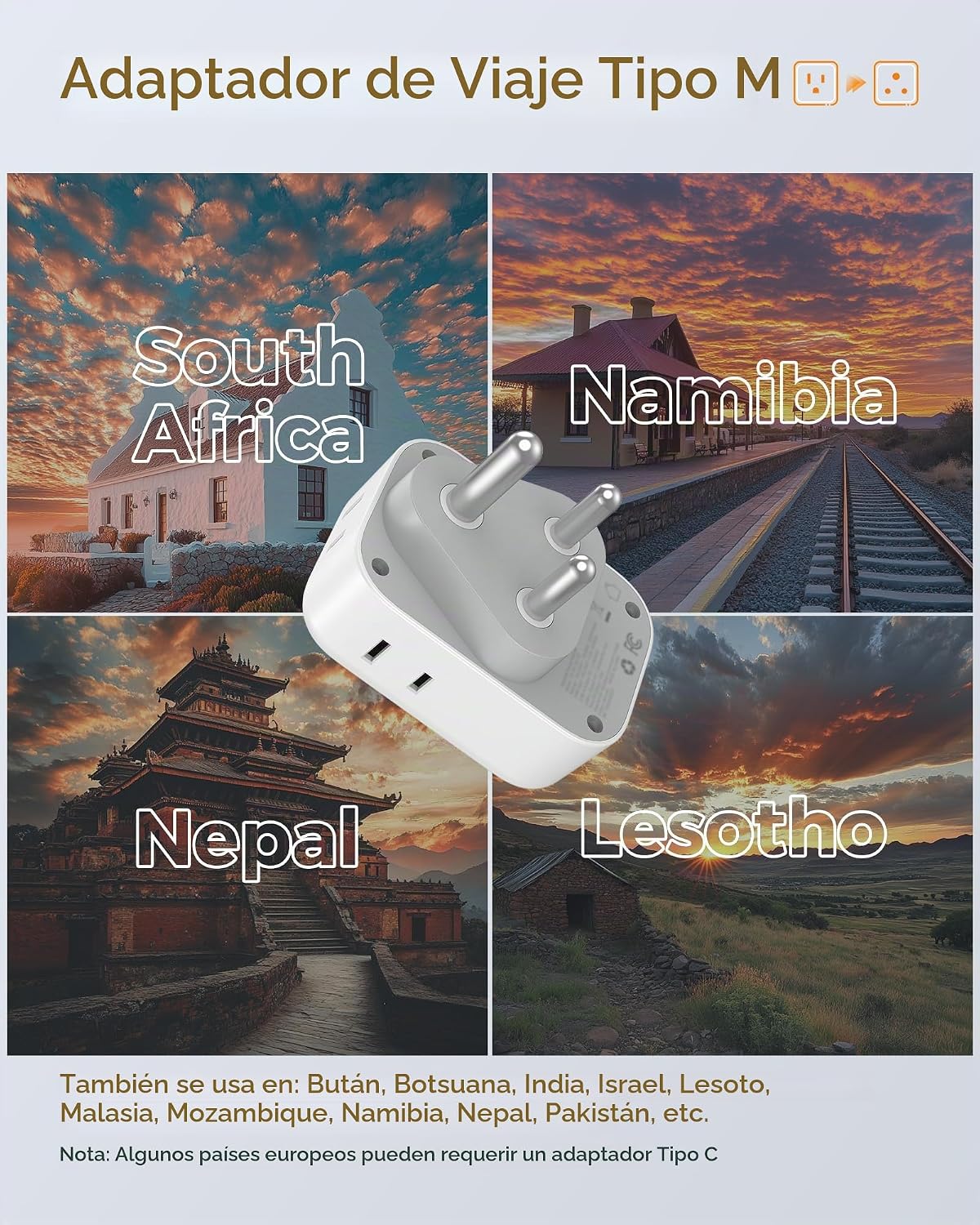 ADAPTADOR DE ENCHUFE TESSAN TYPE M PARA SUDÁFRICA 2 PACK CON CARGA USB-C PD 20W - 2