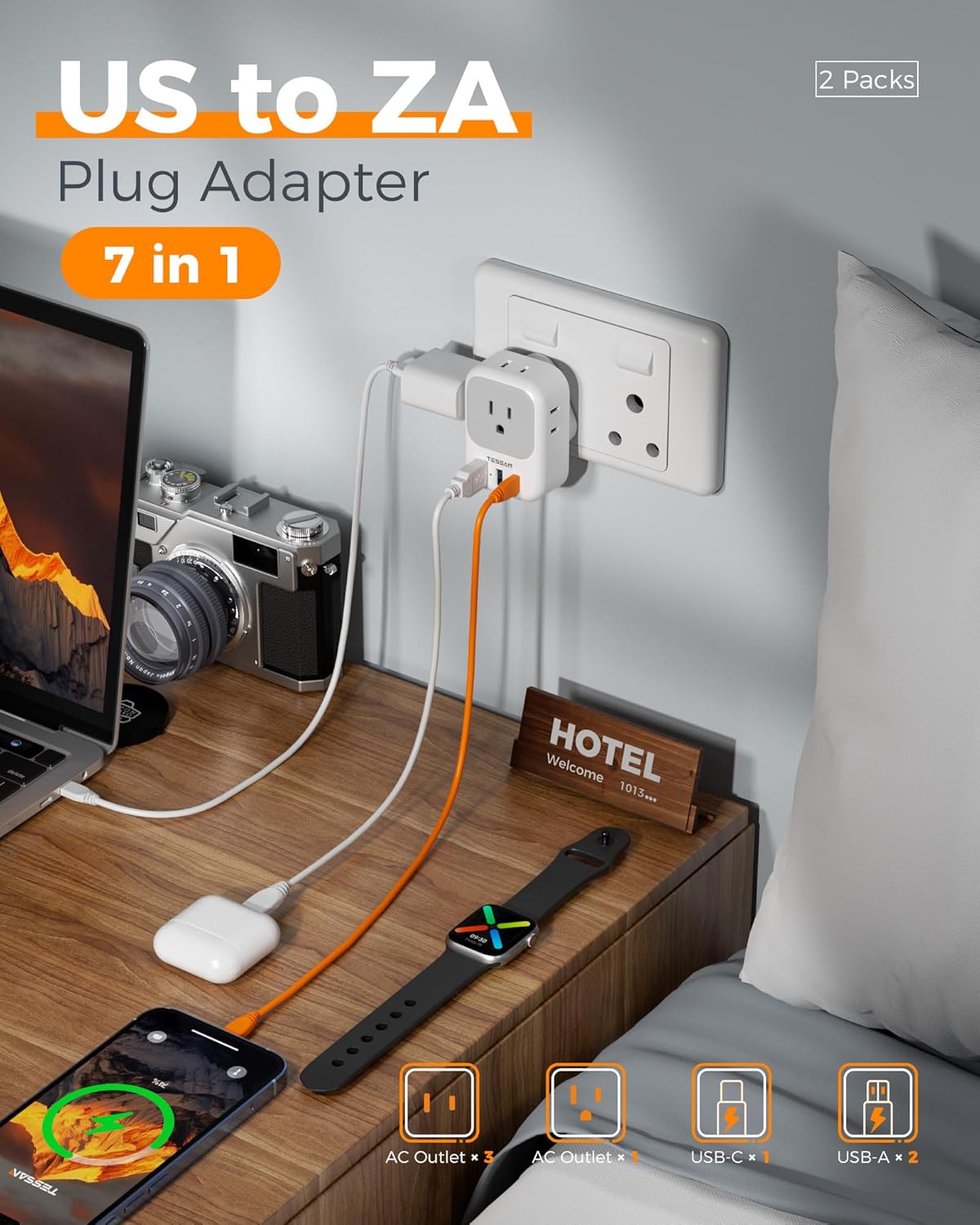 ADAPTADOR DE ENCHUFE TESSAN TYPE M PARA SUDÁFRICA 2 PACK CON CARGA USB-C PD 20W - 3