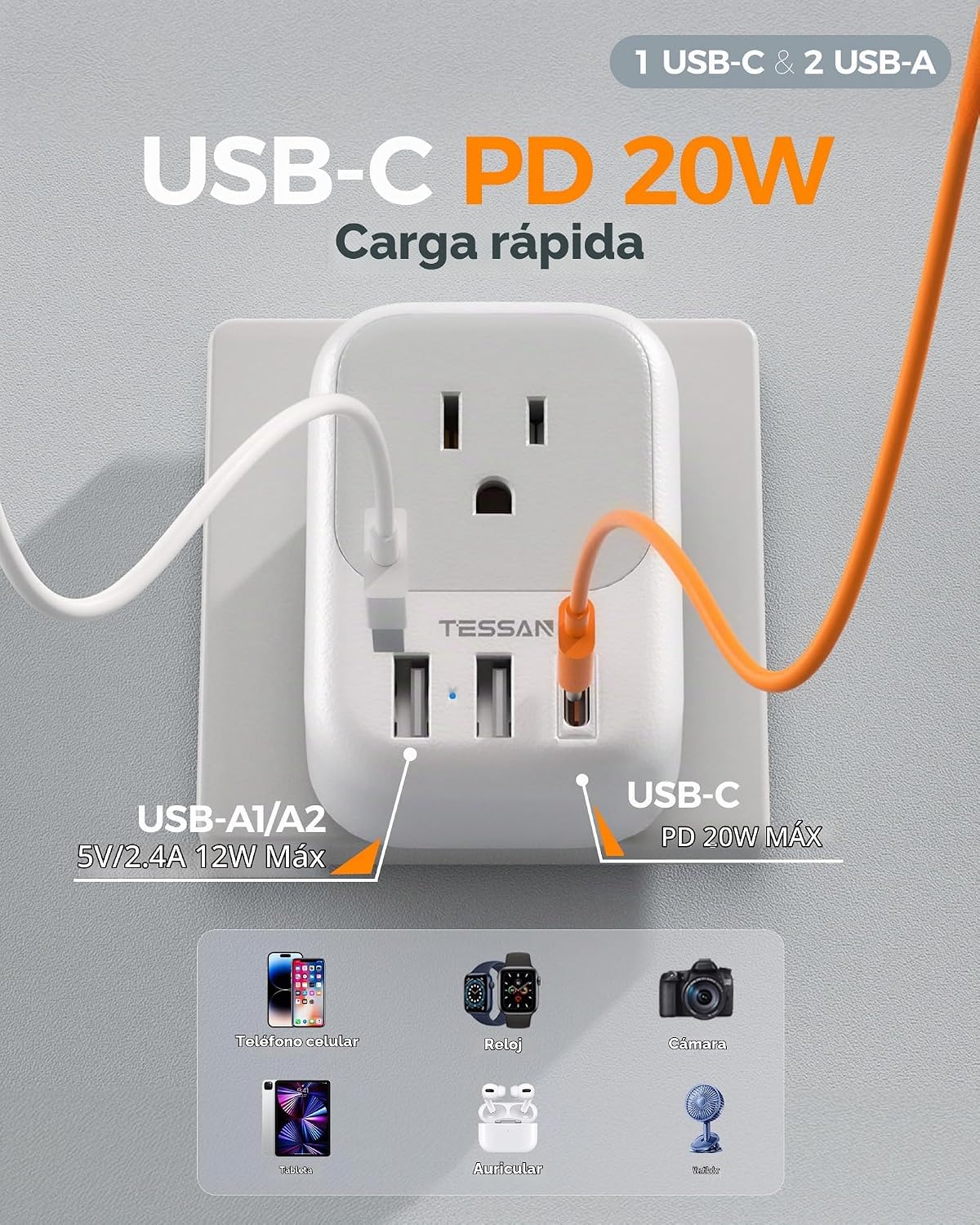 ADAPTADOR DE ENCHUFE TESSAN TYPE M PARA SUDÁFRICA 2 PACK CON CARGA USB-C PD 20W - 4