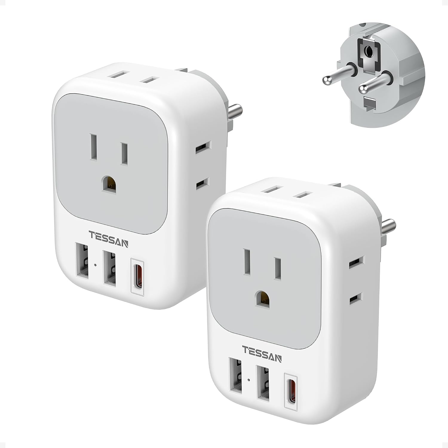 ADAPTADOR DE ENCHUFE TESSAN TYPE E F PARA EUROPA, 7 EN 1 CON USB C PD 20W - 1