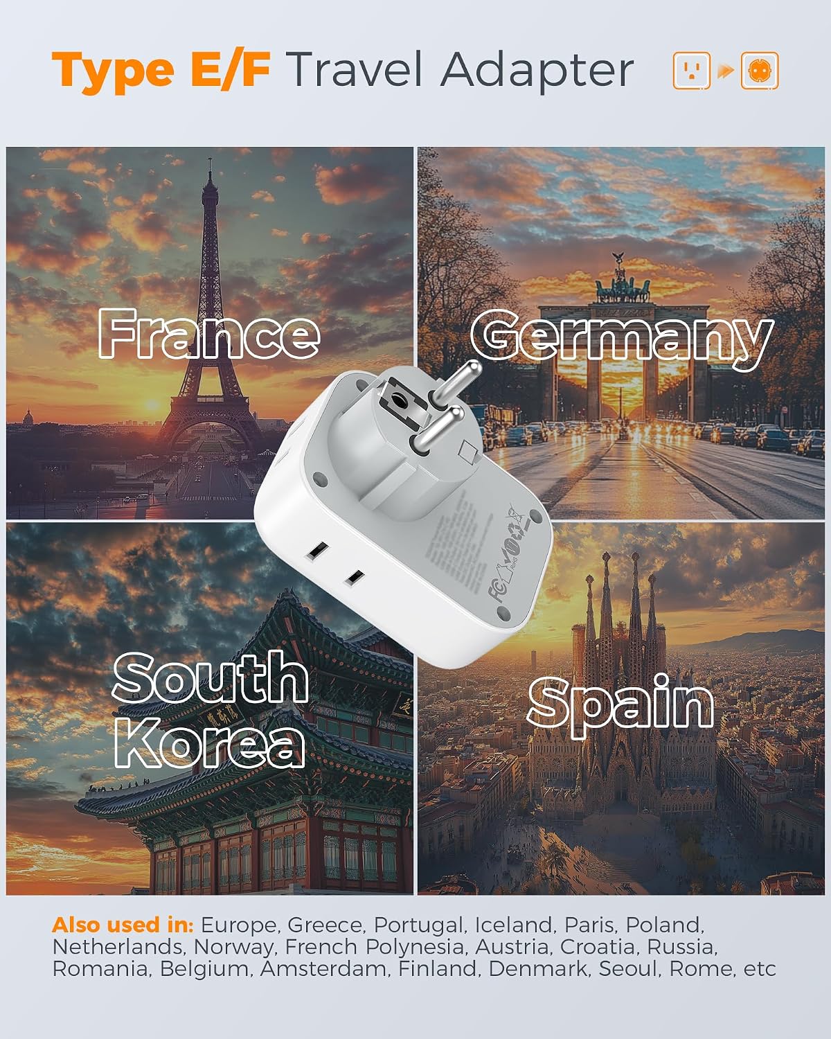 ADAPTADOR DE ENCHUFE TESSAN TYPE E F PARA EUROPA, 7 EN 1 CON USB C PD 20W - 2