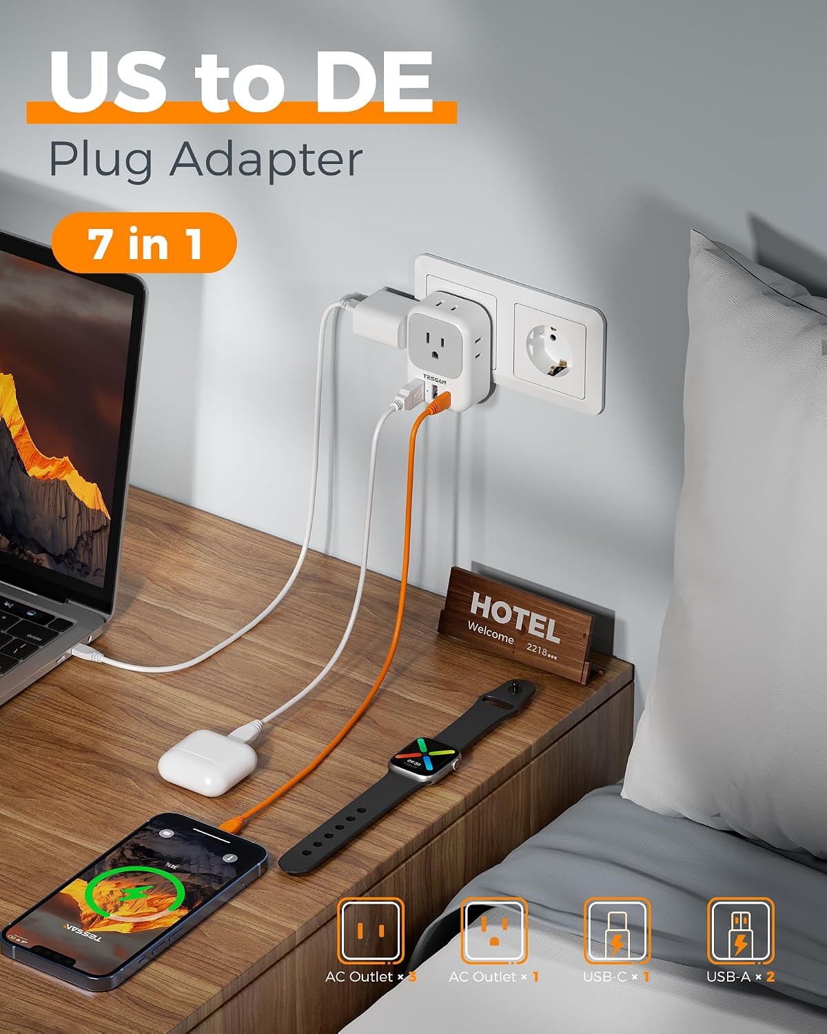 ADAPTADOR DE ENCHUFE TESSAN TYPE E F PARA EUROPA, 7 EN 1 CON USB C PD 20W - 3