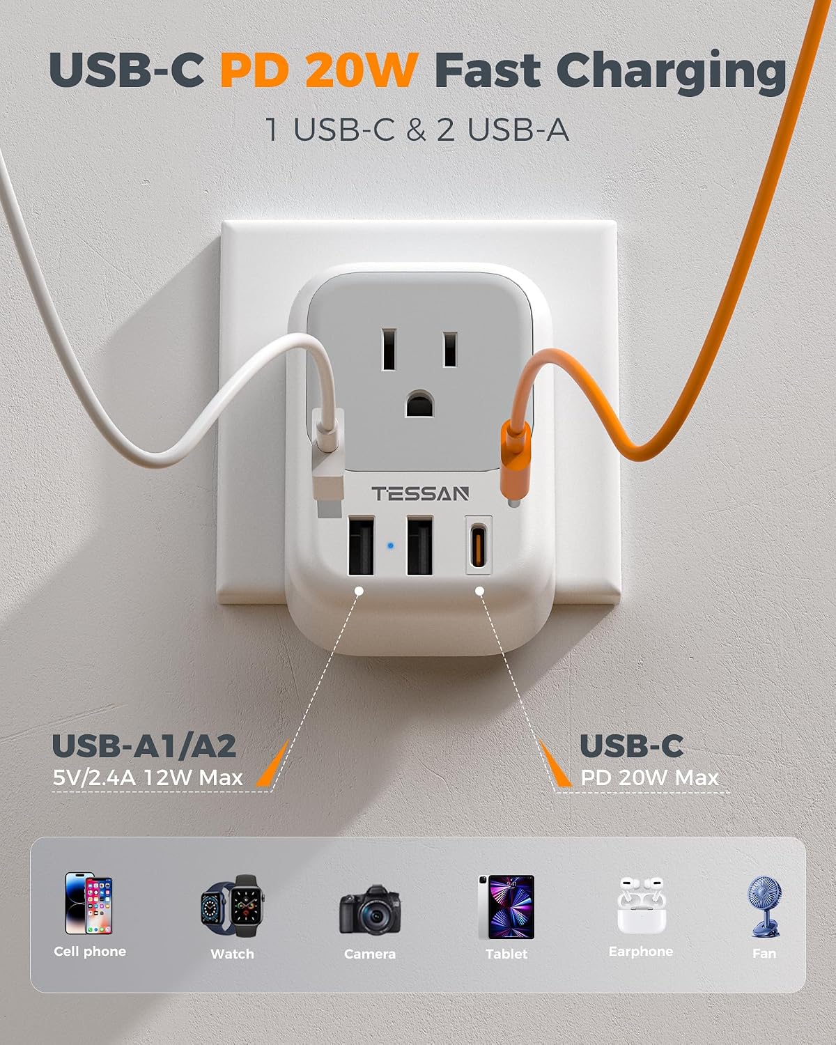ADAPTADOR DE ENCHUFE TESSAN TYPE E F PARA EUROPA, 7 EN 1 CON USB C PD 20W - 4