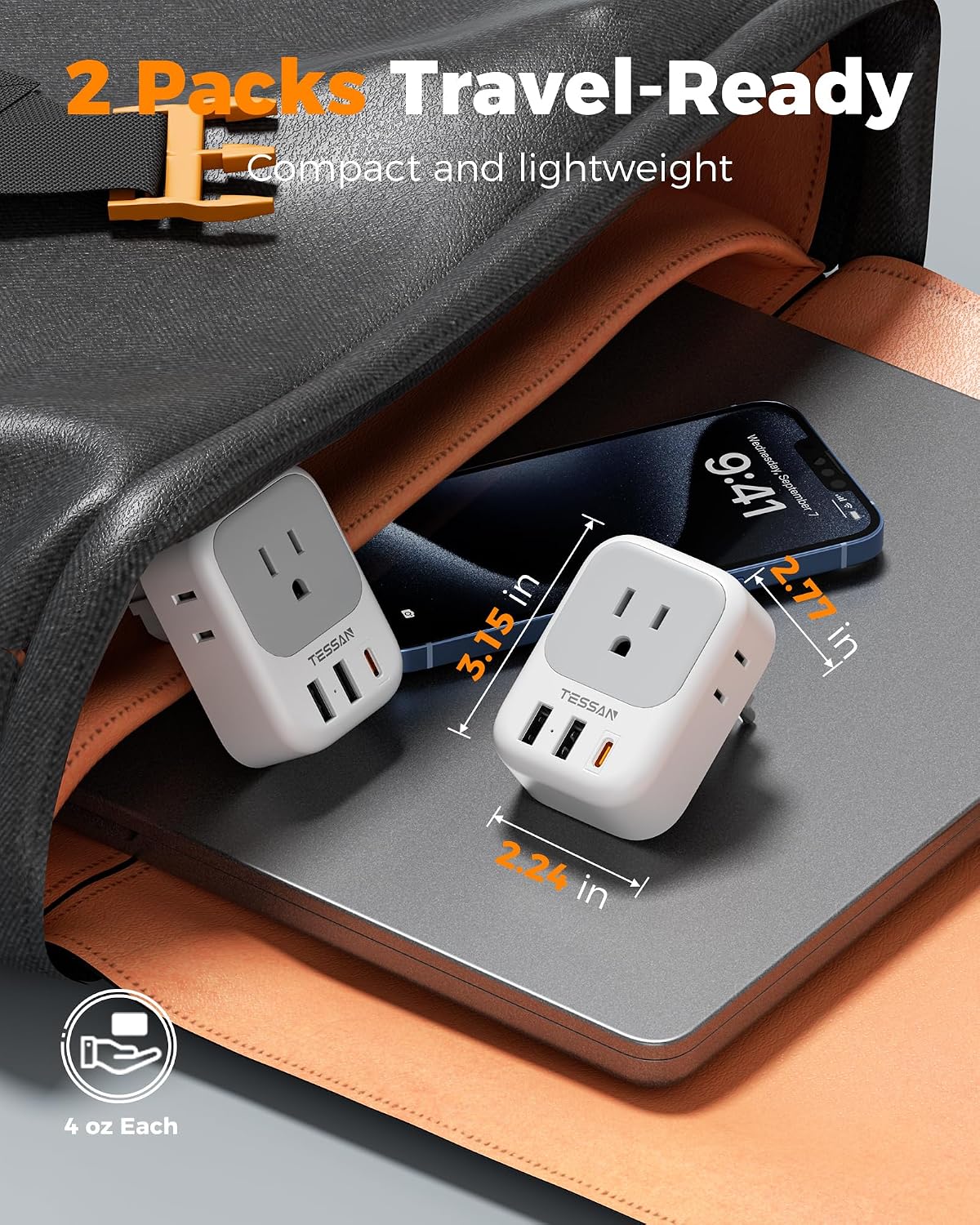 ADAPTADOR DE ENCHUFE TESSAN TYPE E F PARA EUROPA, 7 EN 1 CON USB C PD 20W - 5