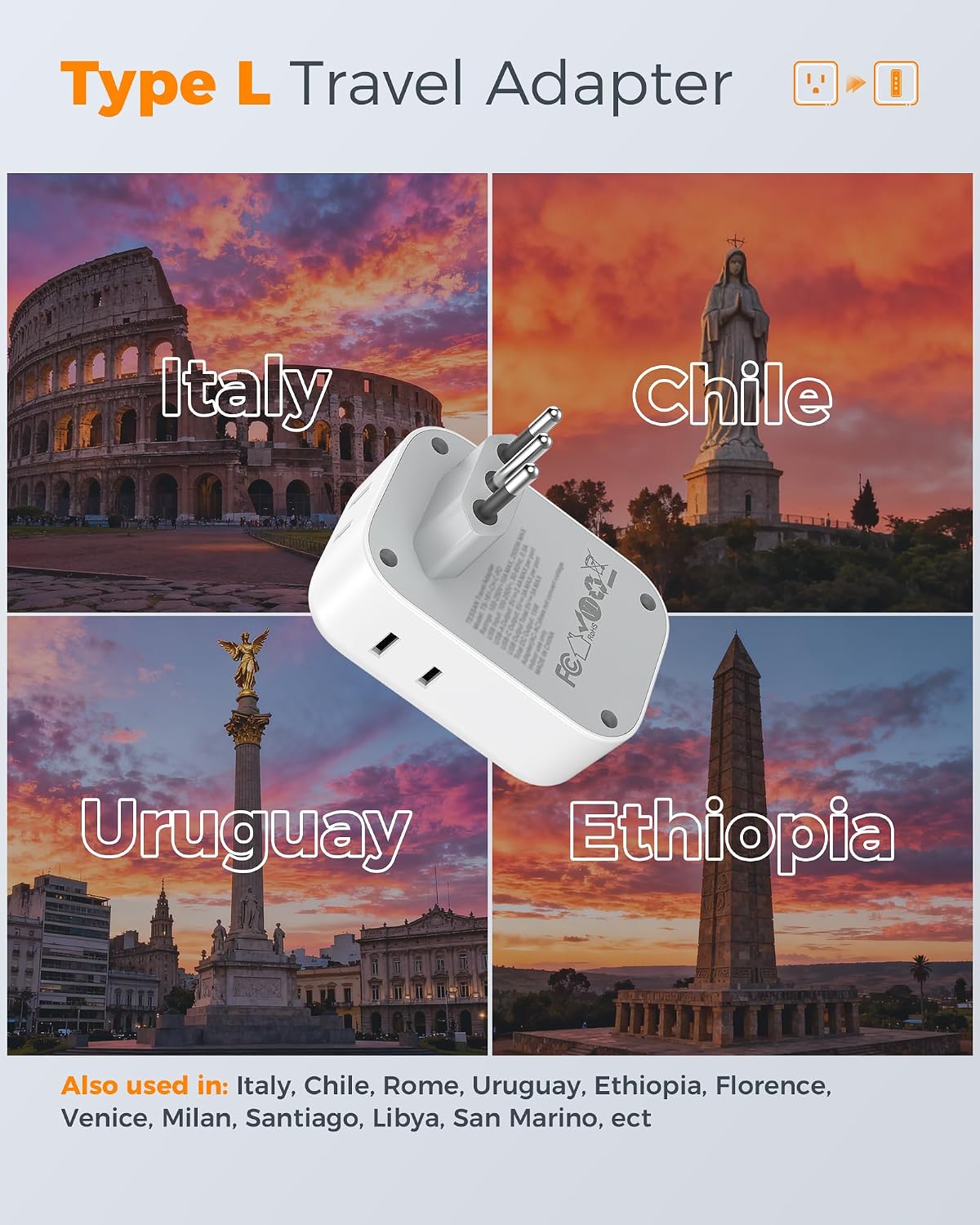 ADAPTADOR DE VIAJE TESSAN TYPE L PARA ITALIA 2 PACK - 2