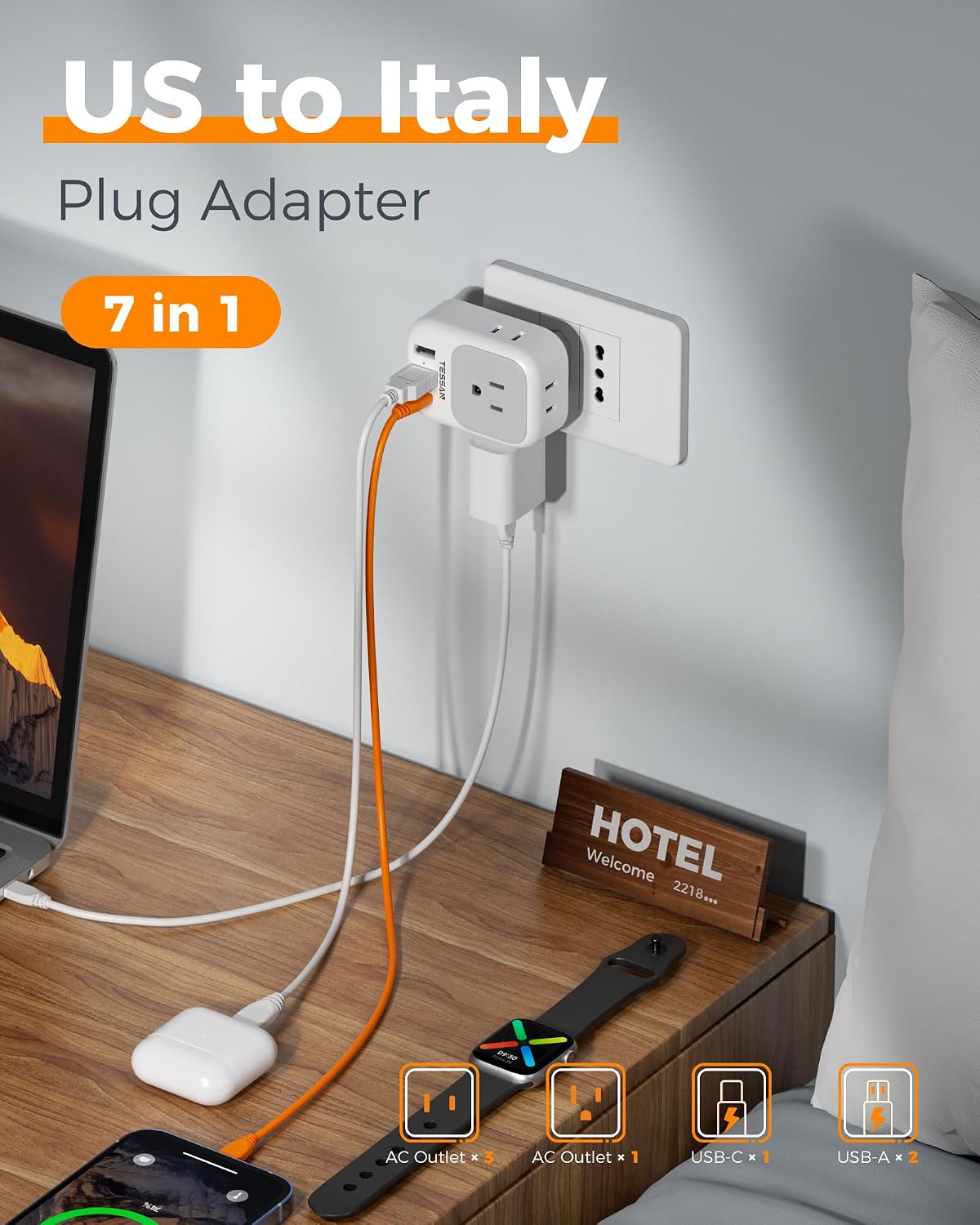 ADAPTADOR DE VIAJE TESSAN TYPE L PARA ITALIA 2 PACK - 3