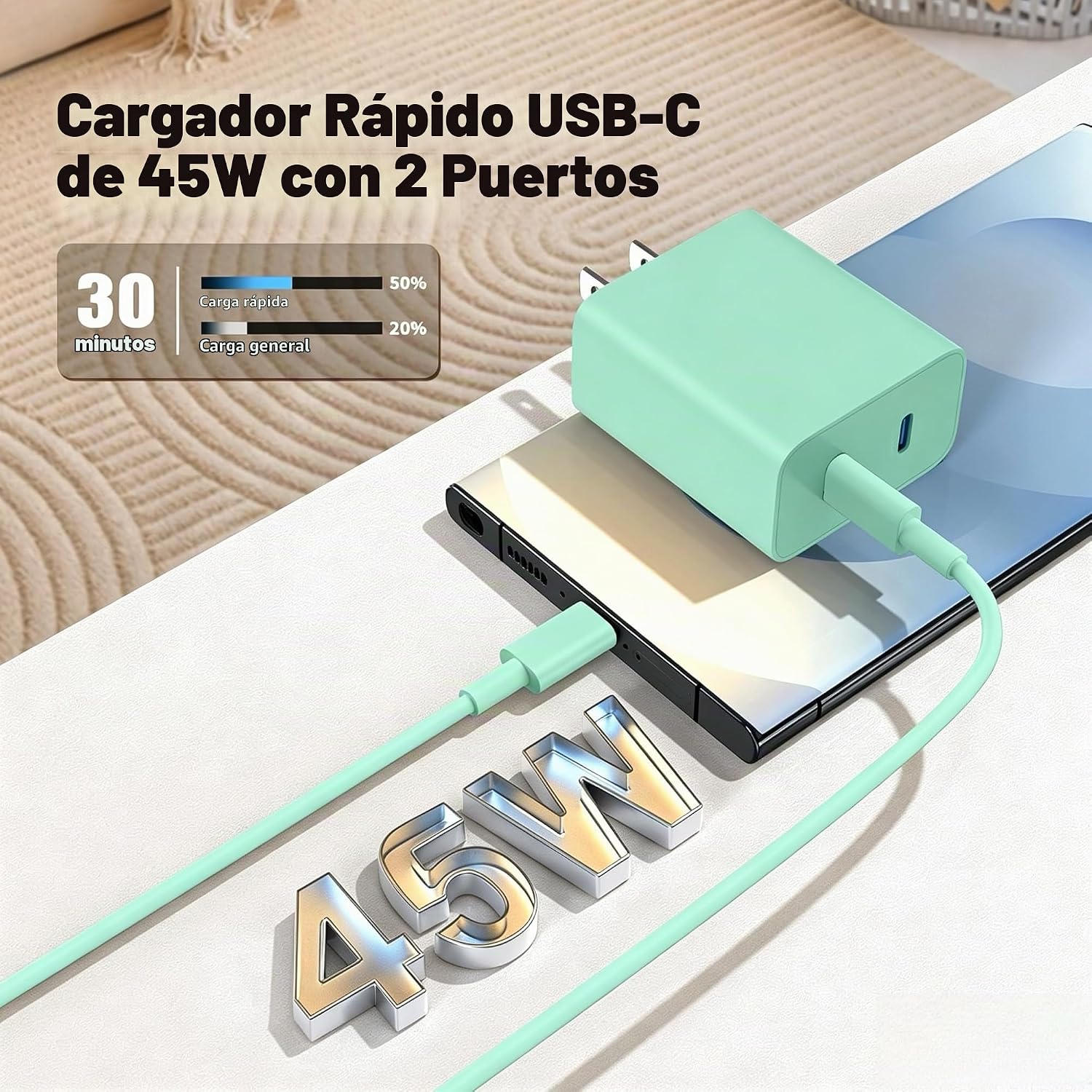 CARGADOR USB-C 45W DUAL PUERTO SUPER RÁPIDO COONCXEN CON CABLE 10FT - 3