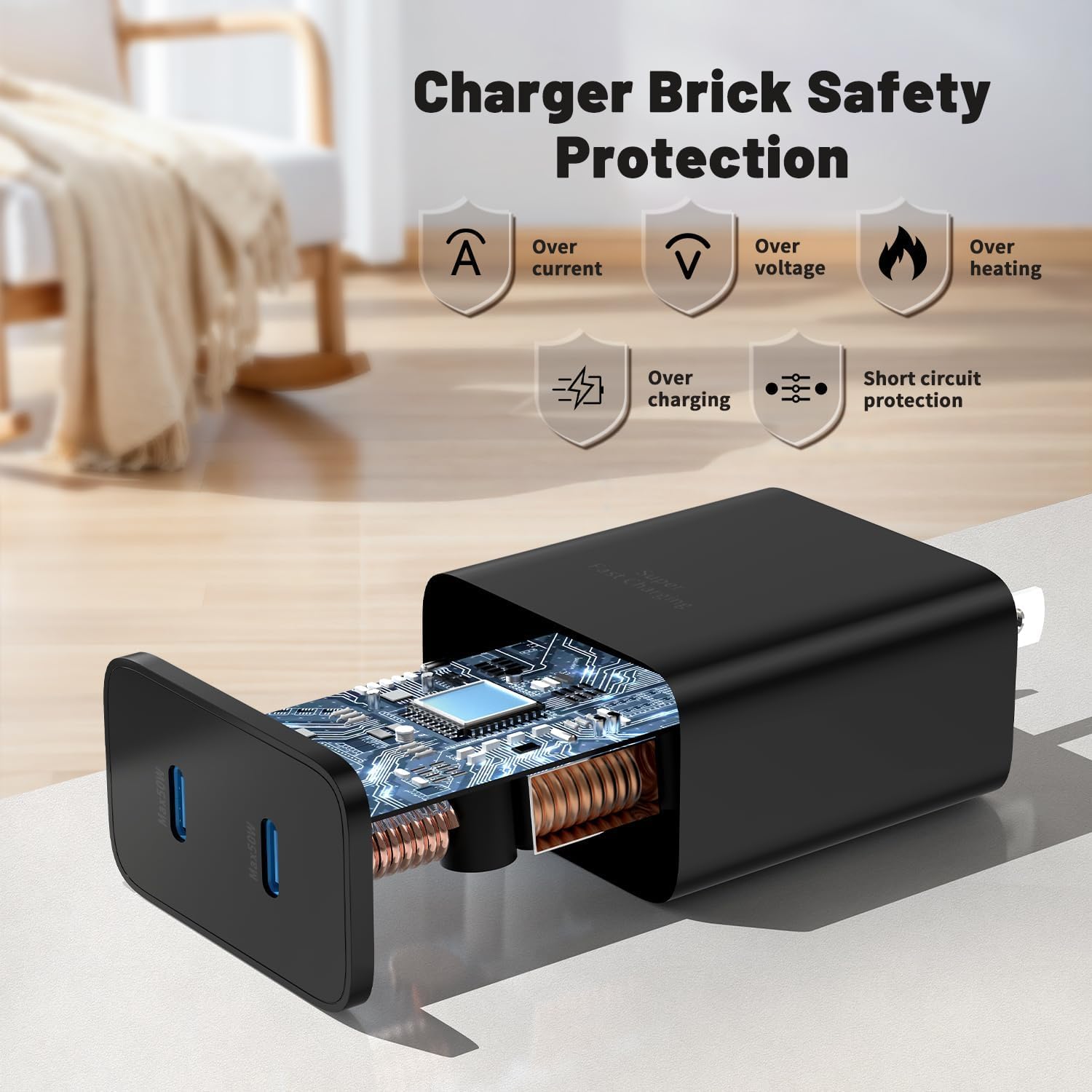 CARGADOR USB-C 45W DUAL PUERTO SUPER RÁPIDO COONCXEN CON CABLE 10FT - 2