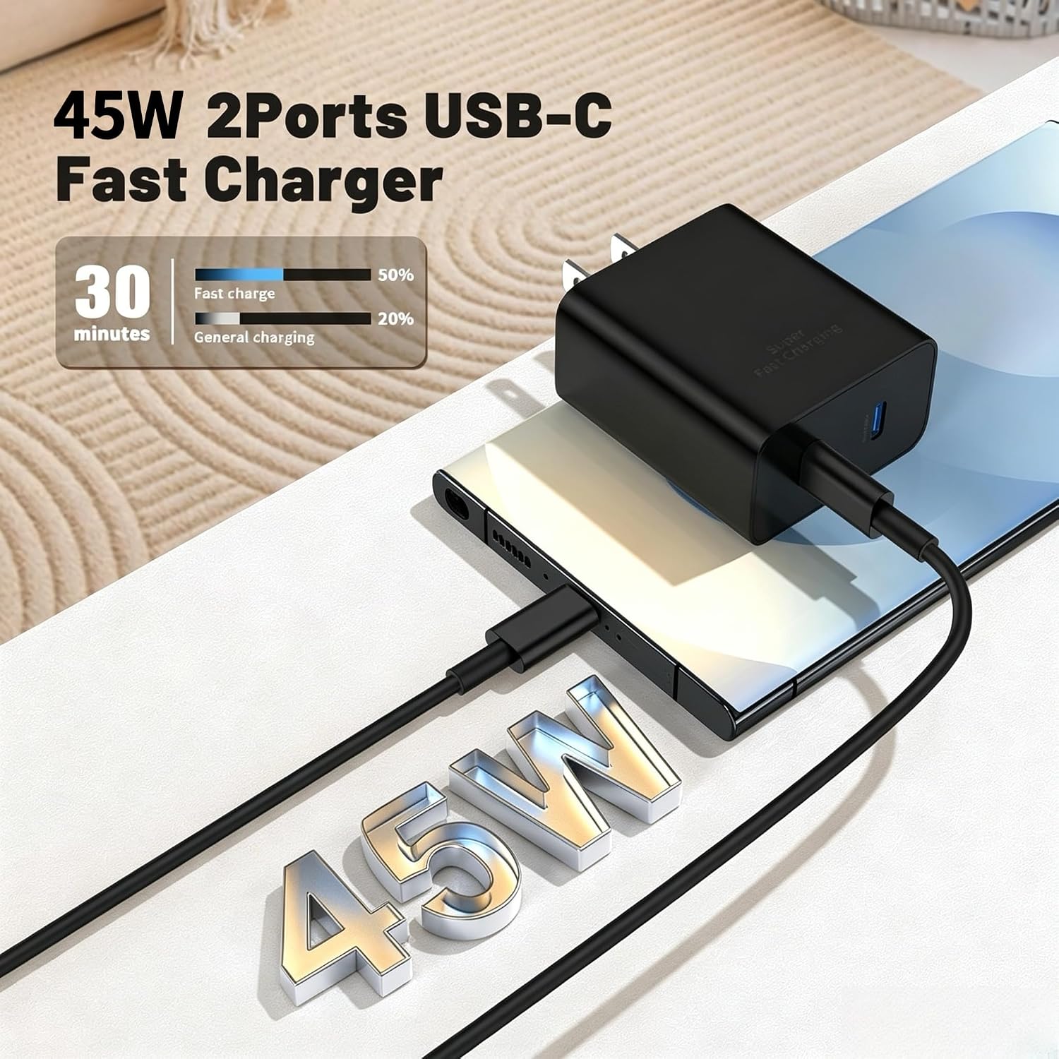 CARGADOR USB-C 45W DUAL PUERTO SUPER RÁPIDO COONCXEN CON CABLE 10FT - 3
