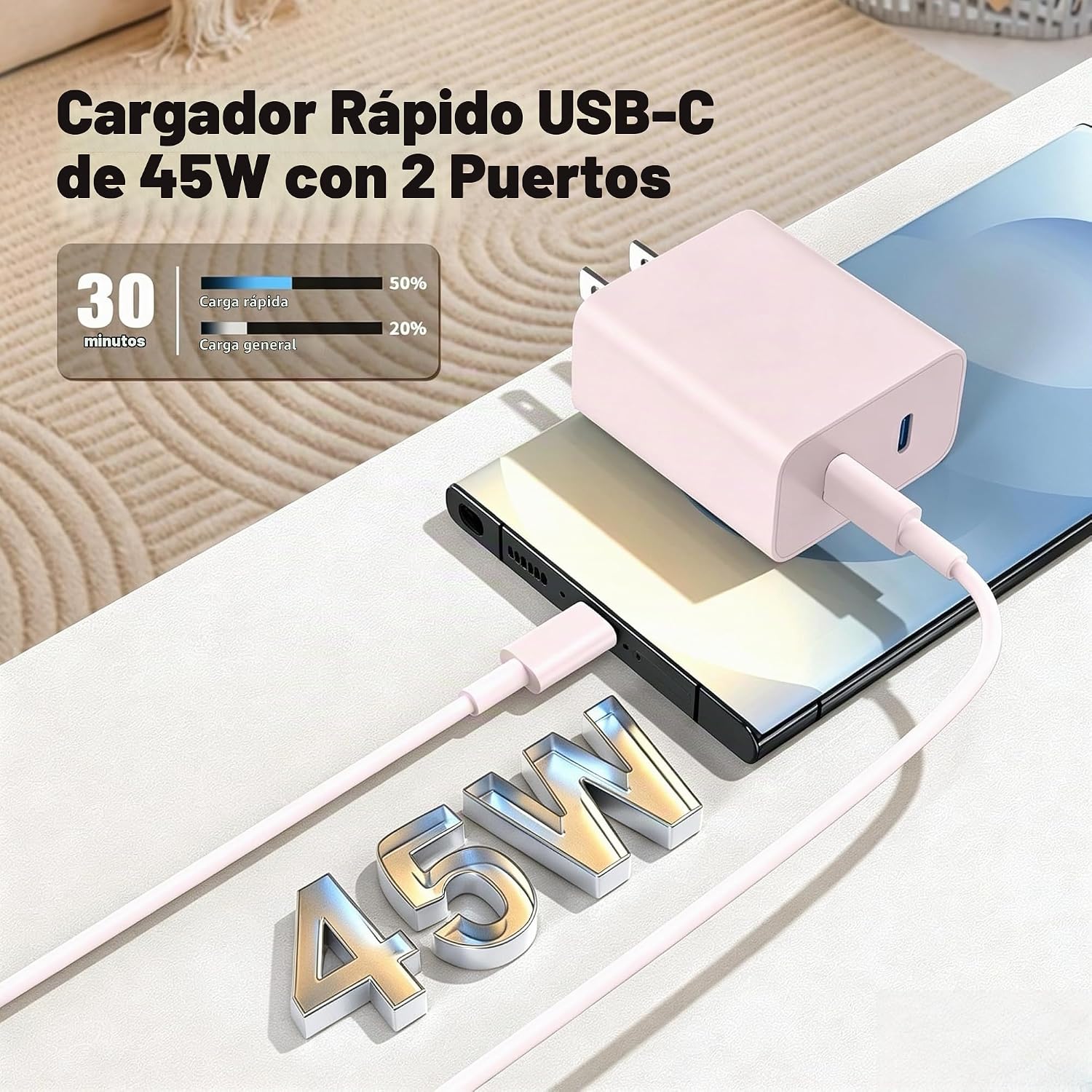 CARGADOR RÁPIDO DUAL USB-C 45W COONCXEN CON CABLE 10 PIES - 3
