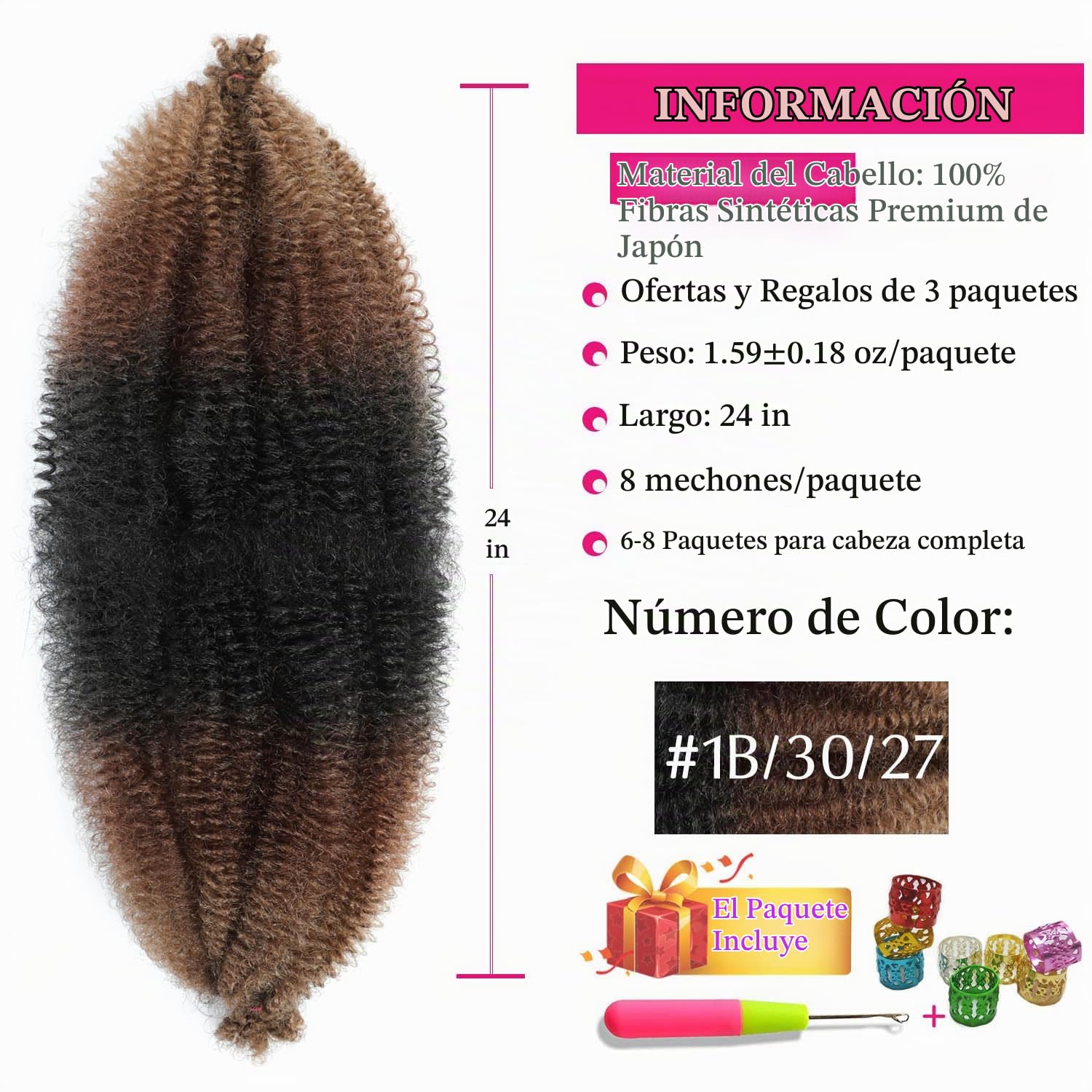EXTENSIONES DE CABELLO AFRO TWIST HAIR 24 PULGADAS PAQUETE DE 3 TONOS 1B/30/27 - 2