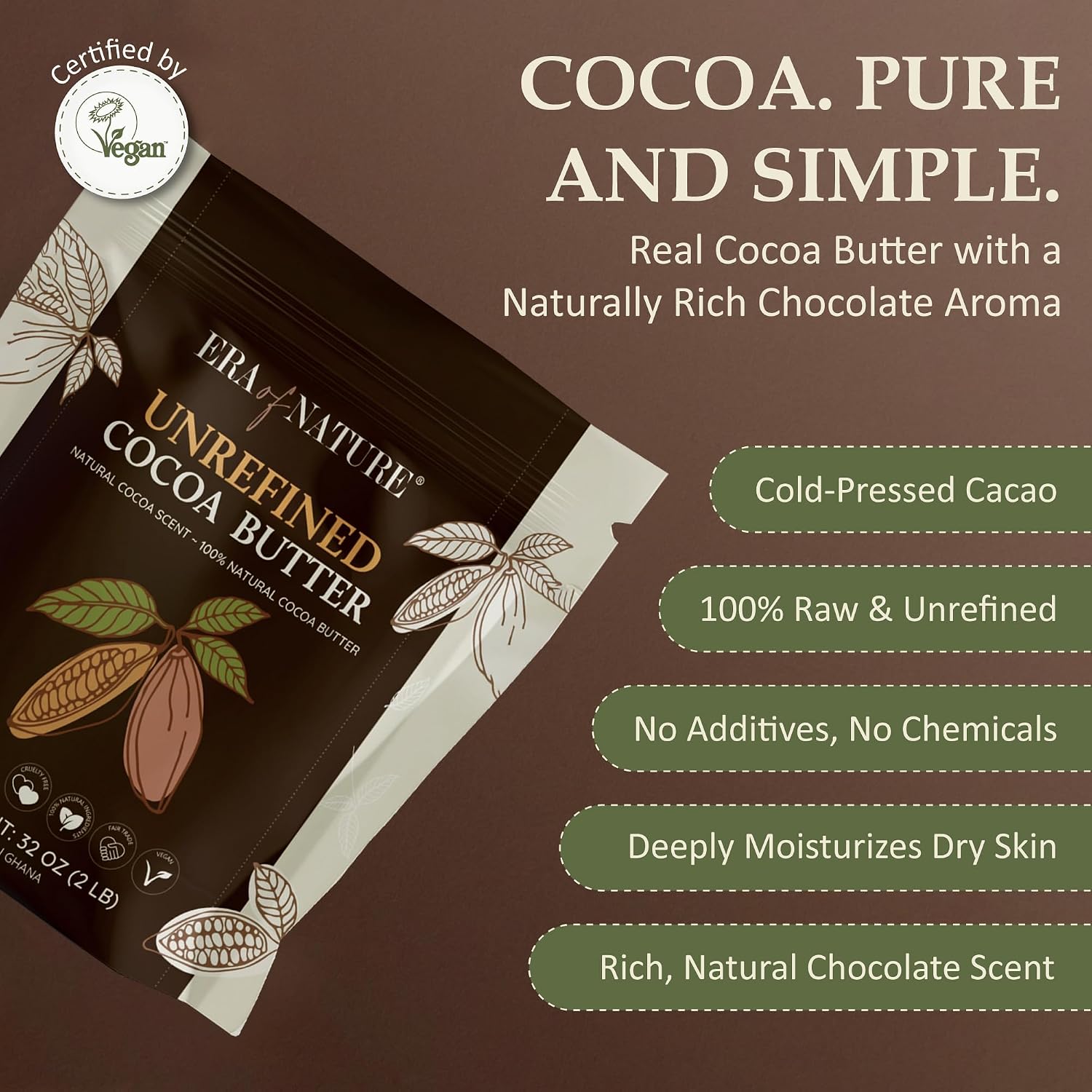 MANTECA DE CACAO PURA ERA OF NATURE 100% CRUDA SIN REFINAR 8OZ - 2
