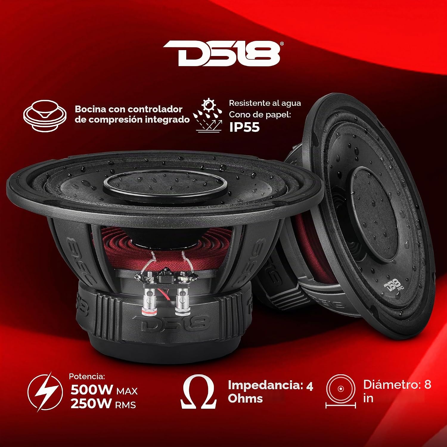 PARLANTE DS18 PRO-HY8.4B 8' HÍBRIDO PARA AUTO CON DRIVER DE COMPRESIÓN 1' - 2