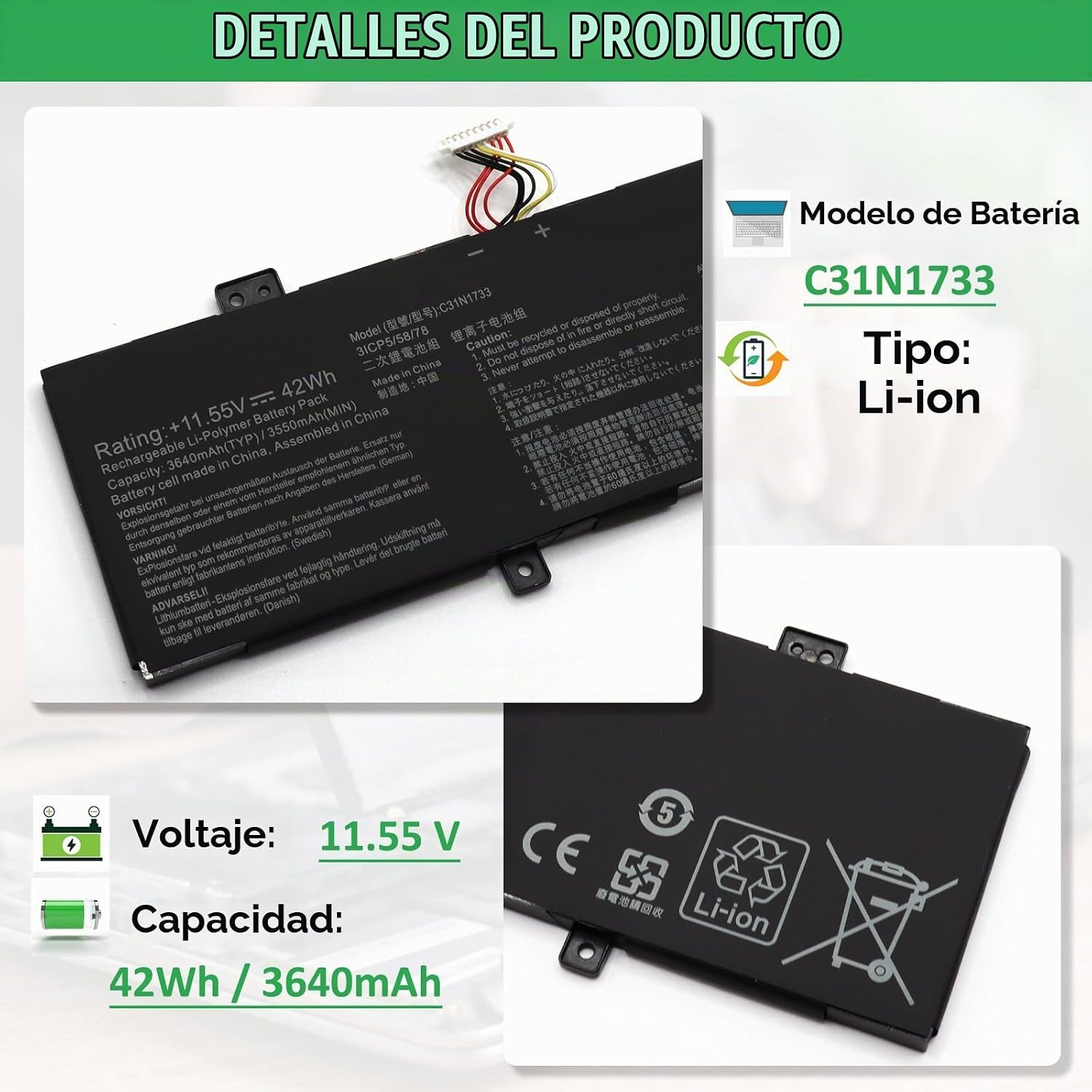 BATERÍA C31N1733 PARA ASUS VIVOBOOK FLIP 14 TP412 TP412U - 2