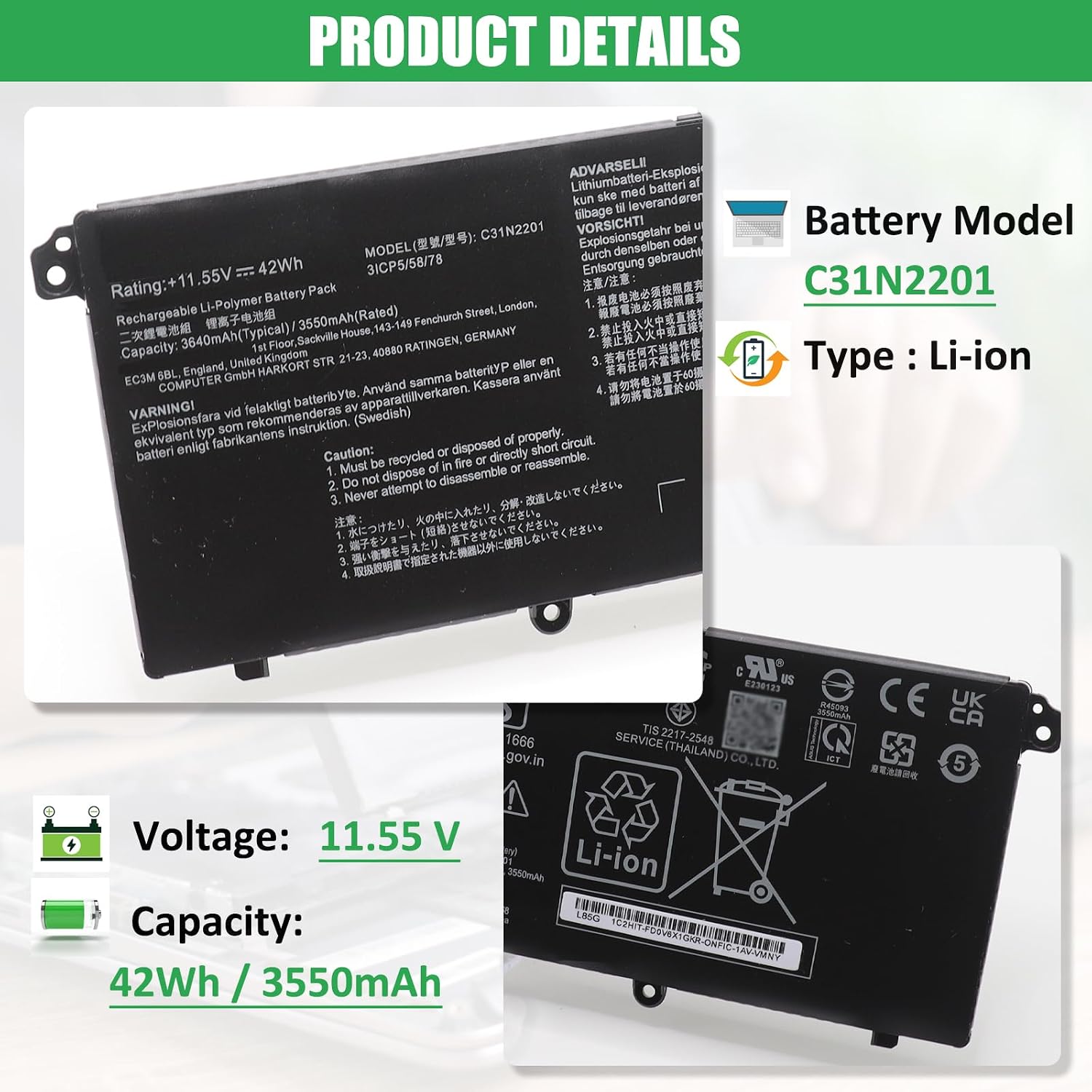BATERÍA C31N2201 PARA ASUS VIVOBOOK 15 X1504VA X1504ZA - 2