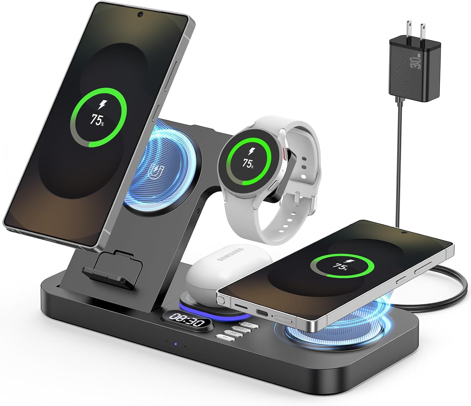 CARGADOR INALÁMBRICO MAGNÉTICO 6 EN 1 PARA SAMSUNG CON RELOJ Y LUZ LED - 1