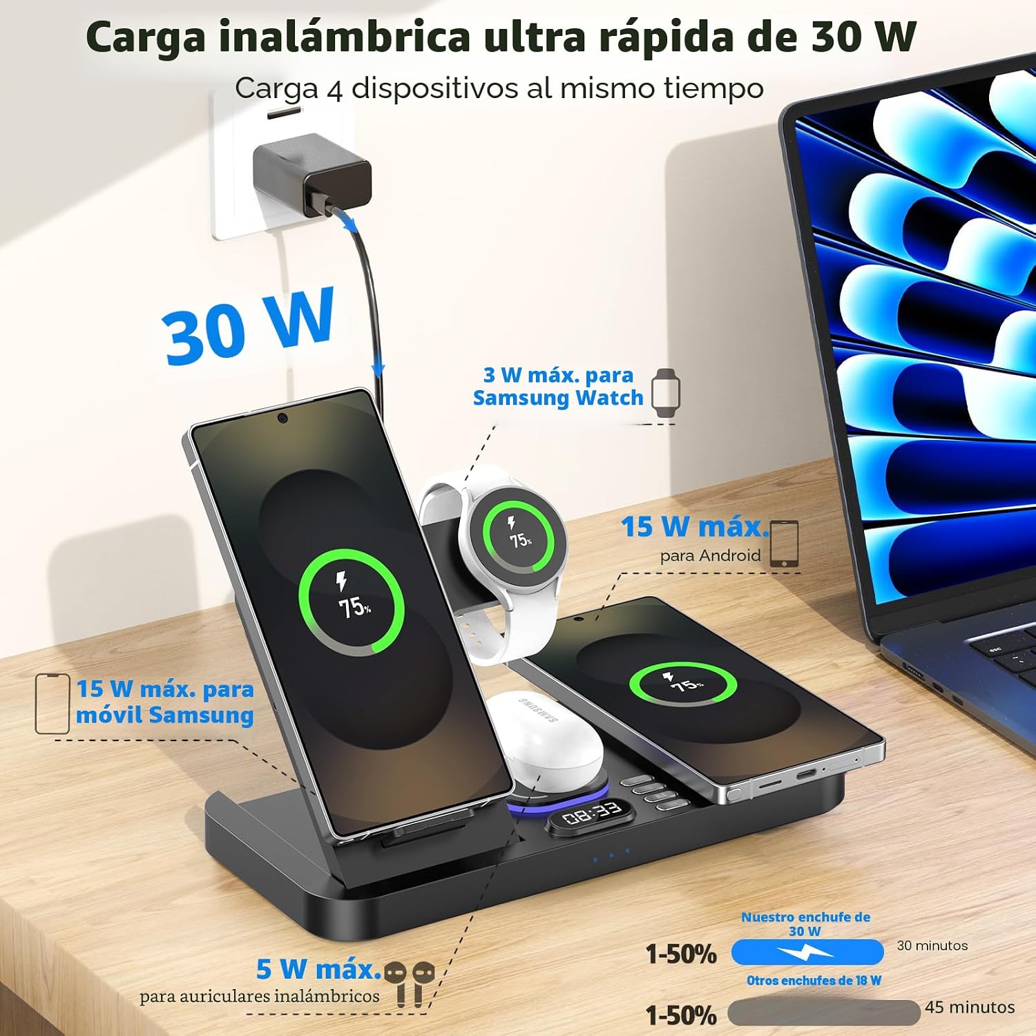 CARGADOR INALÁMBRICO MAGNÉTICO 6 EN 1 PARA SAMSUNG CON RELOJ Y LUZ LED - 4