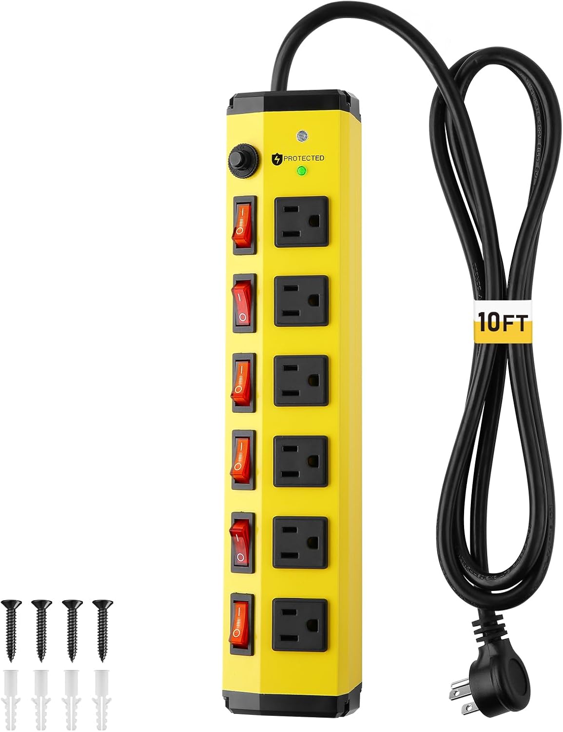 REGLETA DE POTENCIA KEBEN HEAVY DUTY CON PROTECTOR DE SOBRETENSIÓN, INTERRUPTORES INDIVIDUALES, 10 PIES, 15A - 1