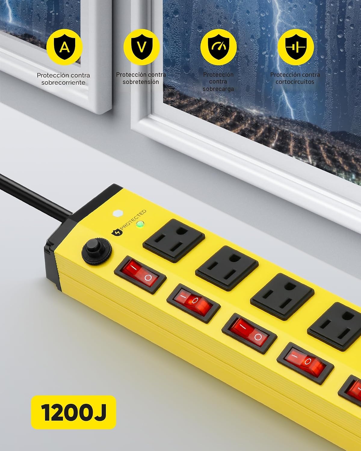 REGLETA DE POTENCIA KEBEN HEAVY DUTY CON PROTECTOR DE SOBRETENSIÓN, INTERRUPTORES INDIVIDUALES, 10 PIES, 15A - 3