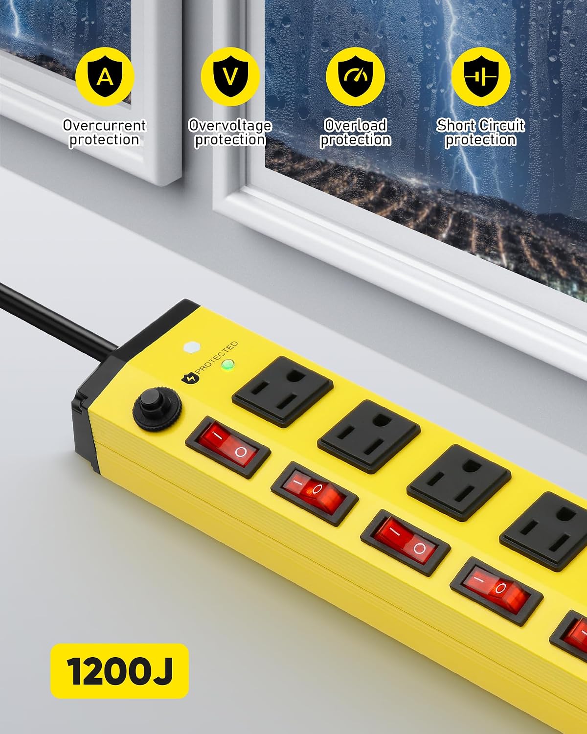 REGLETA DE POTENCIA KEBEN CON PROTECTOR DE SOBRETENSIÓN, INTERRUPTORES INDIVIDUALES, 6 PIES, 15A - 3