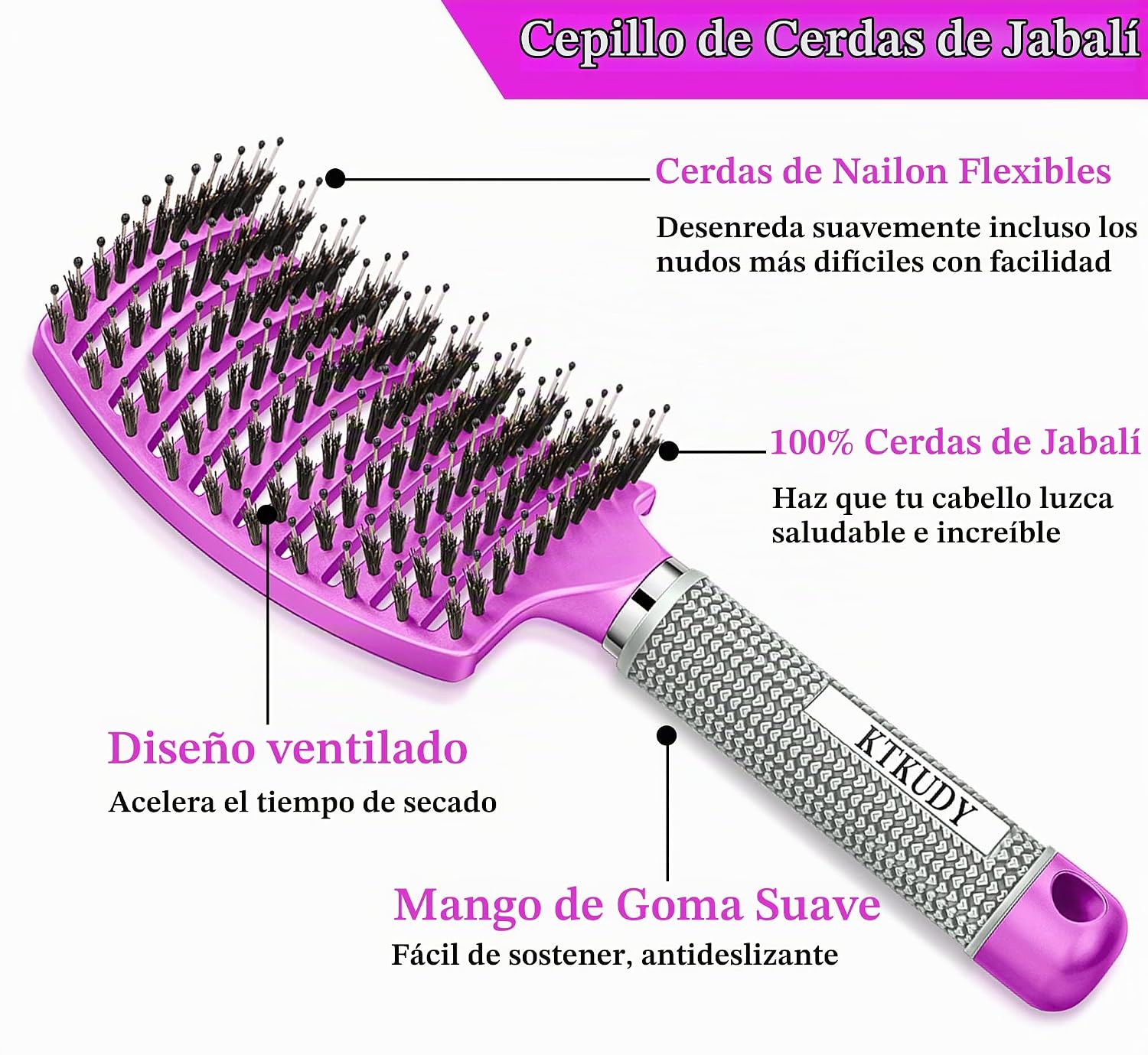 CEPILLO DESATANADOR DE PELO KTKUDY PARA MUJER Y NIÑOS, CABELLO HÚMEDO Y SECO - 2