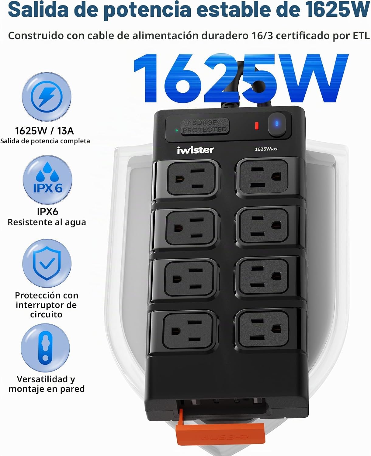 REGLETA DE EXTENSIÓN EXTERIOR WATERPROOF IPX6 IWISTER 8 TOMAS AC + 4 USB - 2