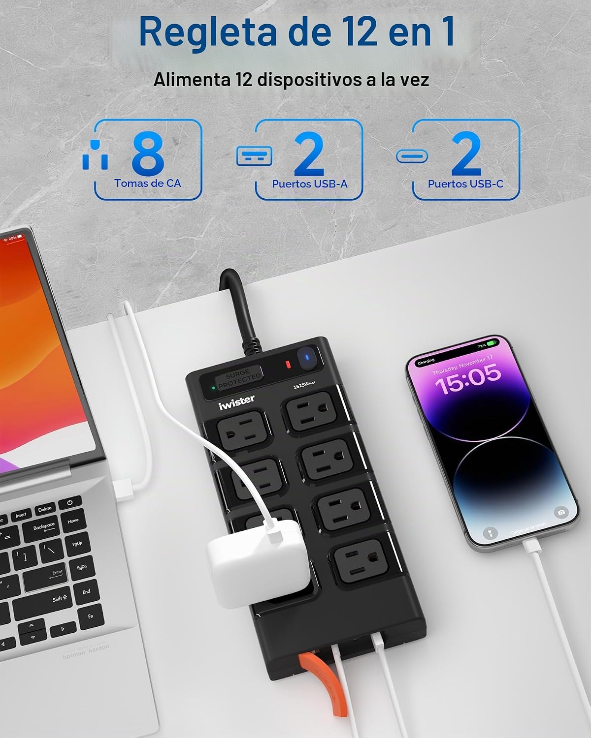 REGLETA DE EXTENSIÓN EXTERIOR WATERPROOF IPX6 IWISTER 8 TOMAS AC + 4 USB - 3