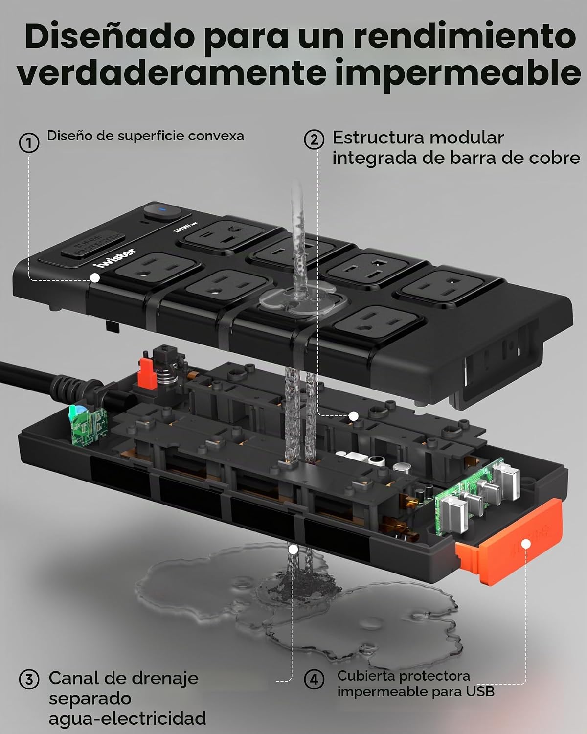 REGLETA DE EXTENSIÓN EXTERIOR WATERPROOF IPX6 IWISTER 8 TOMAS AC + 4 USB - 4
