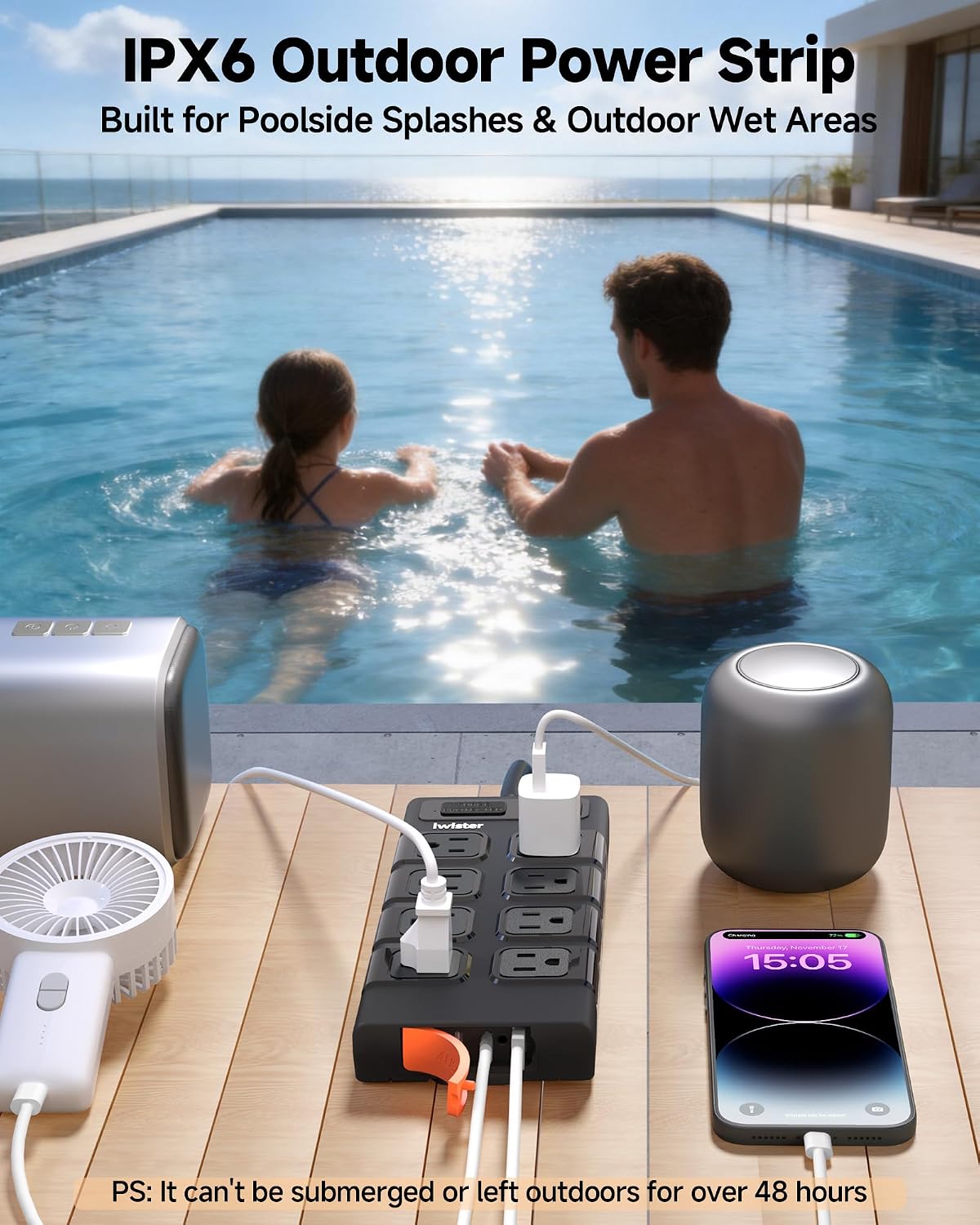 REGLETA DE EXTENSIÓN EXTERIOR WATERPROOF IPX6 IWISTER 8 TOMAS AC + 4 USB - 5