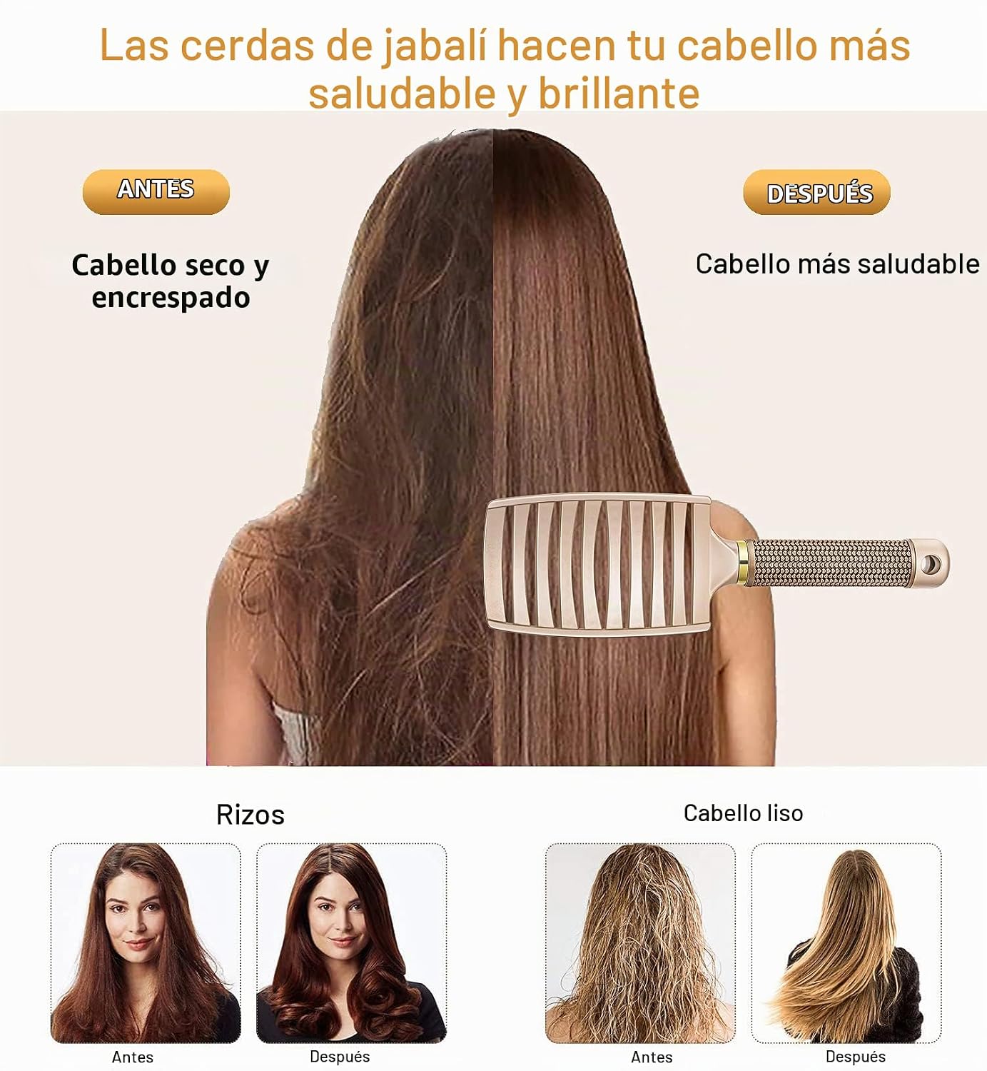 CEPILLO DESATANADOR DE CERDAS DE JABALÍ PARA MUJER Y NIÑOS, CABELLO HÚMEDO Y SECO - 2