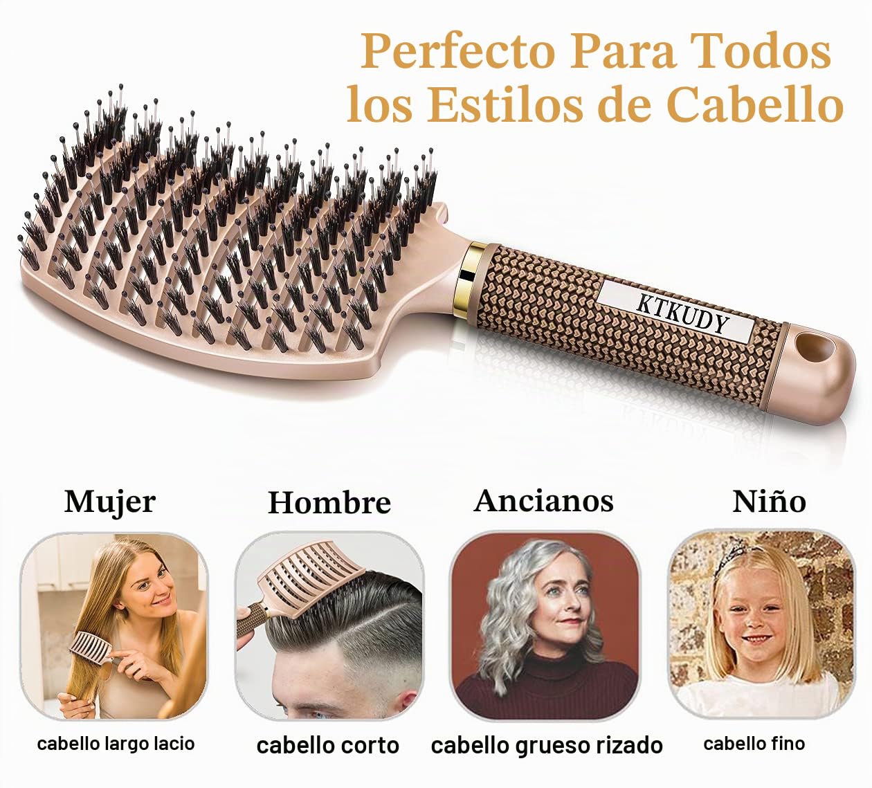 CEPILLO DESATANADOR DE CERDAS DE JABALÍ PARA MUJER Y NIÑOS, CABELLO HÚMEDO Y SECO - 5