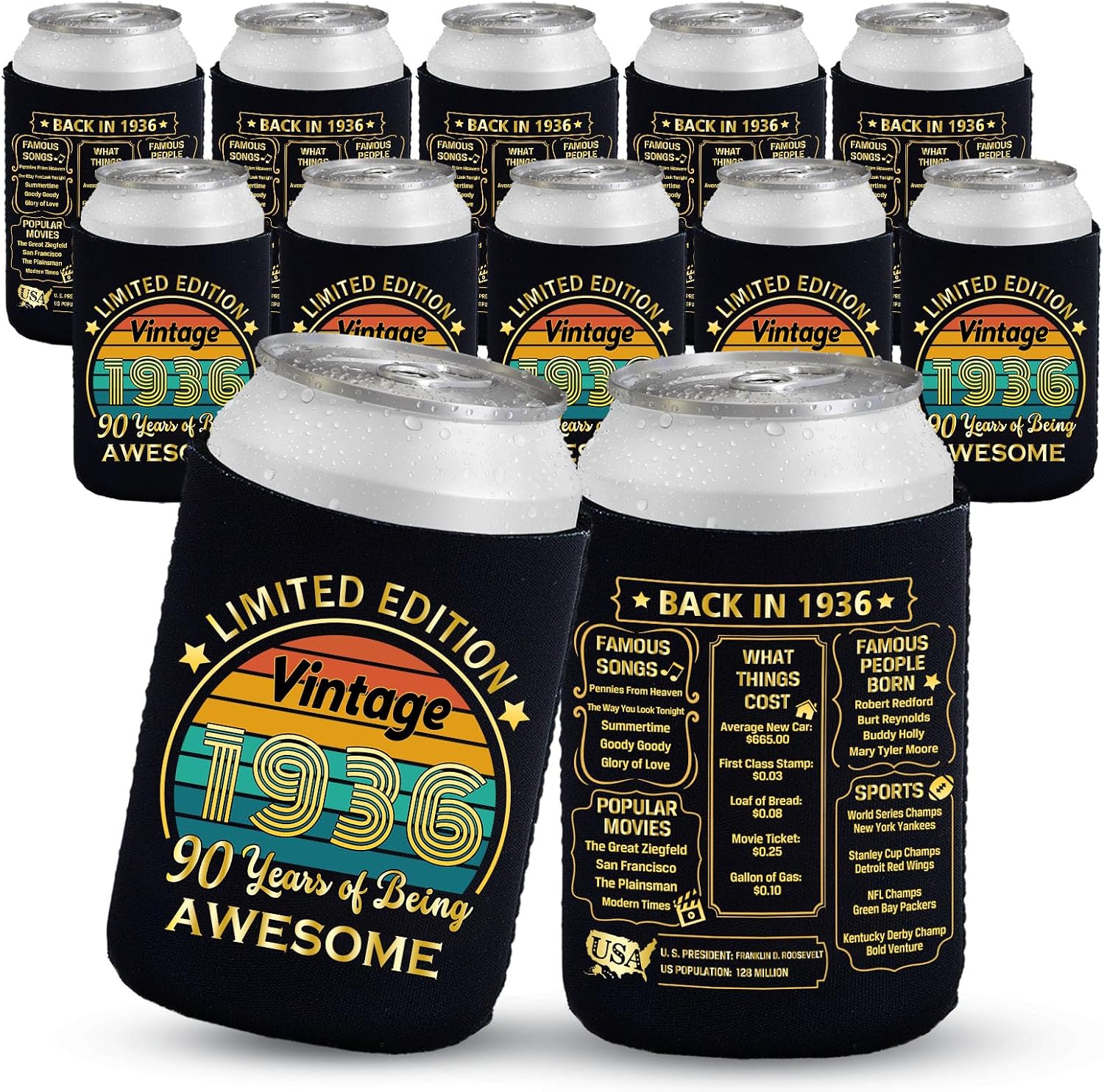 YANGMICS ENFRIADOR DE LATAS PACK DE 12 ANIVERSARIO 90 AÑOS NEGRO Y DORADO - 1