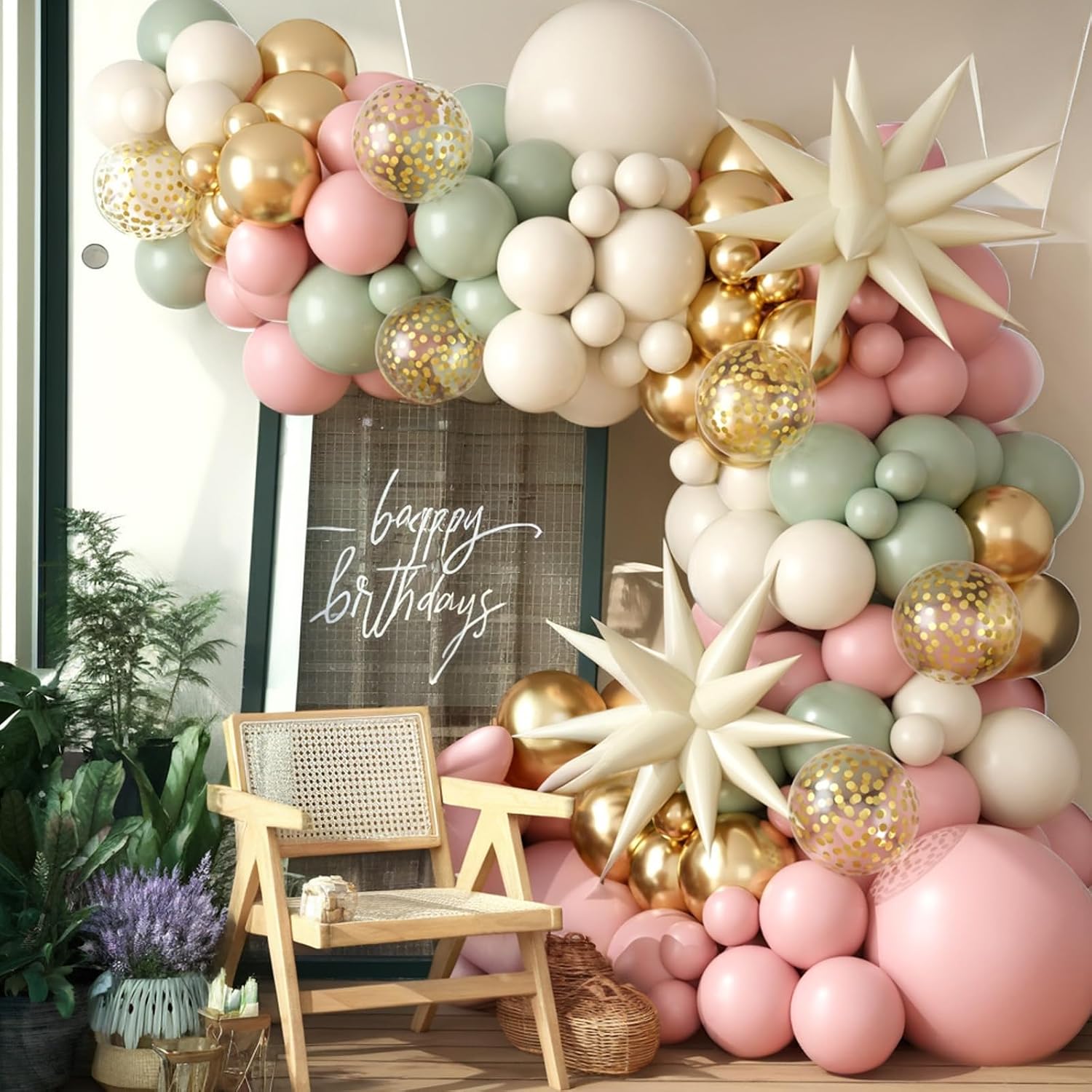 KIT DE GUIRNALDA DE GLOBOS VERDE SALVIA Y ROSA FEYG - 3