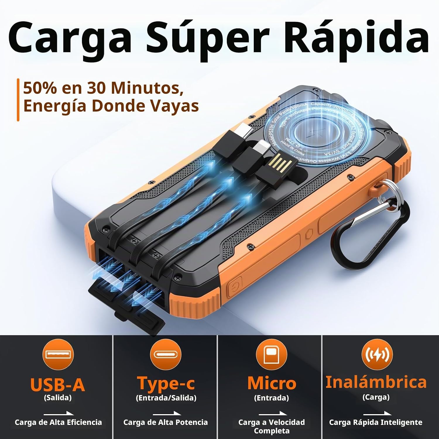 BATERÍA EXTERNA SOLAR LUVKNIT 20000MAH CON 3 CABLES INTEGRADOS Y CARGA INALÁMBRICA - 2