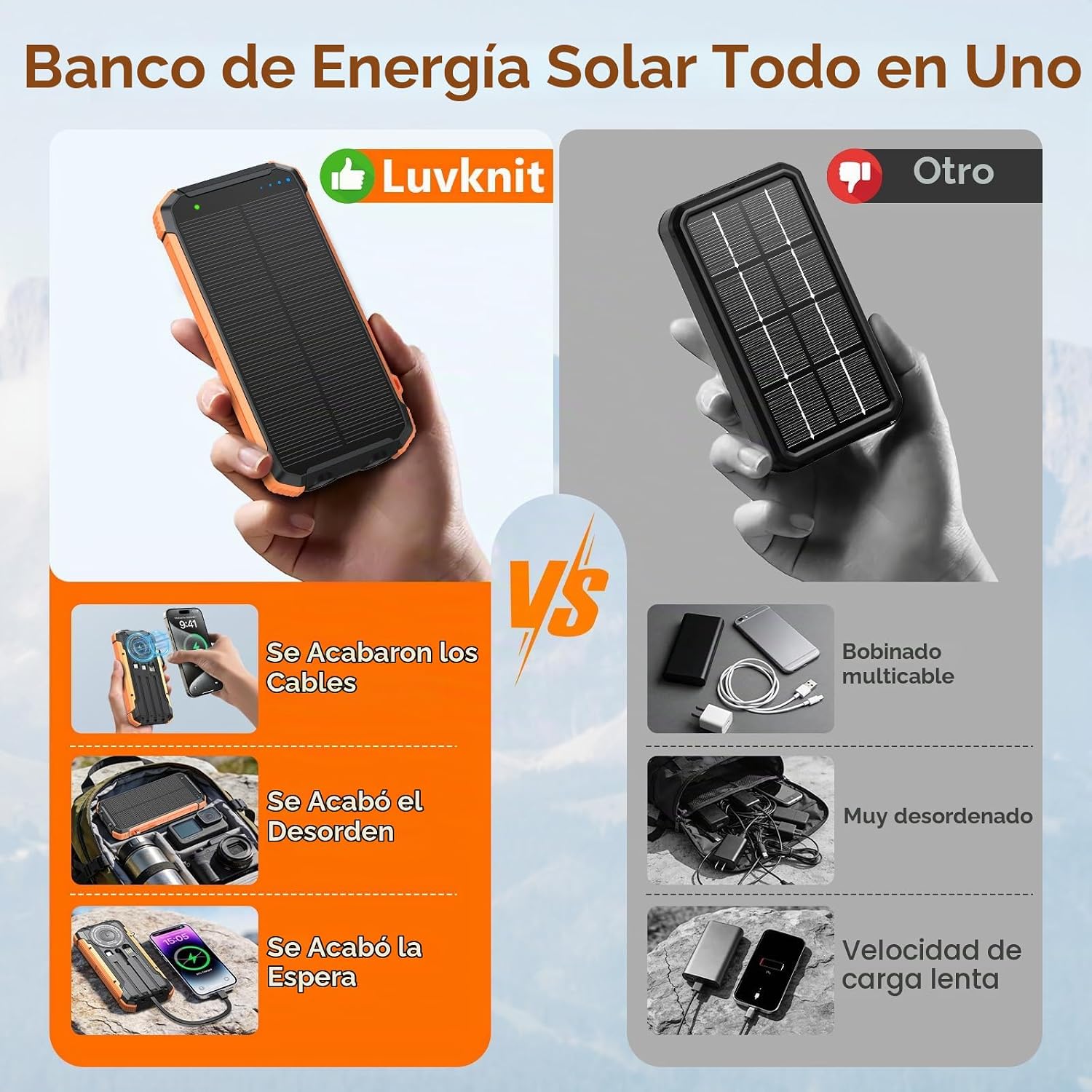 BATERÍA EXTERNA SOLAR LUVKNIT 20000MAH CON 3 CABLES INTEGRADOS Y CARGA INALÁMBRICA - 3