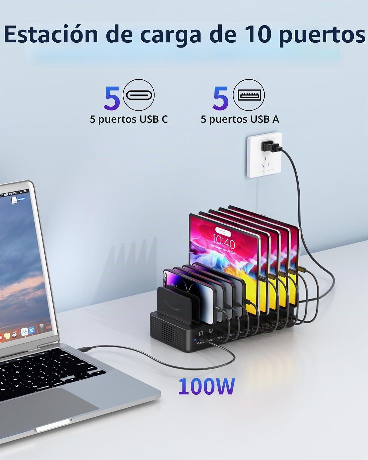 ESTACIÓN DE CARGA MIZCCDEM 10 PUERTOS USB-C 580W PARA MÚLTIPLES DISPOSITIVOS - 2
