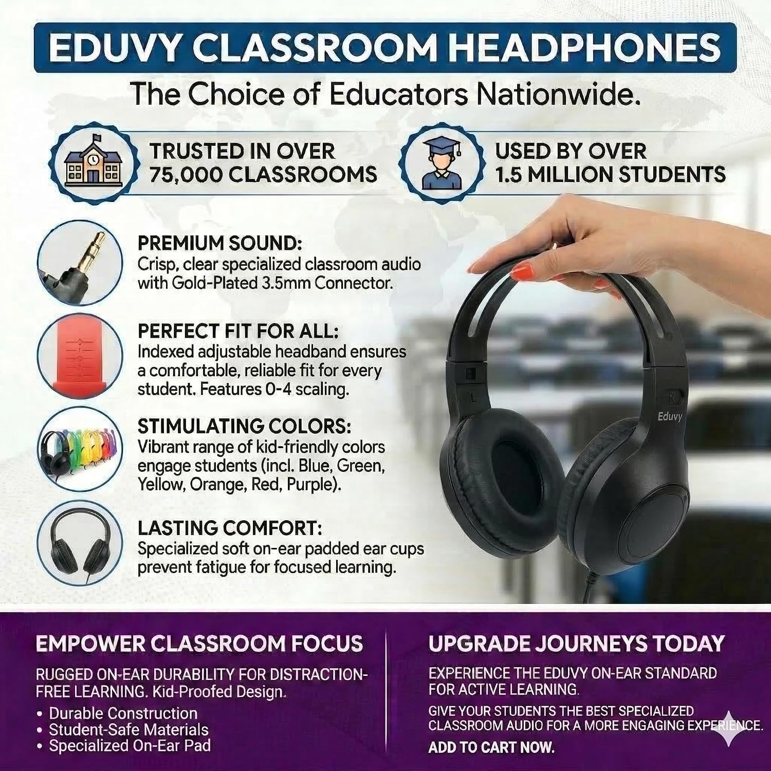 AUDÍFONOS ESCOLARES EDUVY EDSPIRED CON MICRÓFONO INTEGRADO PACK 12 UNIDADES CABLE 6 FT NEGRO - 2