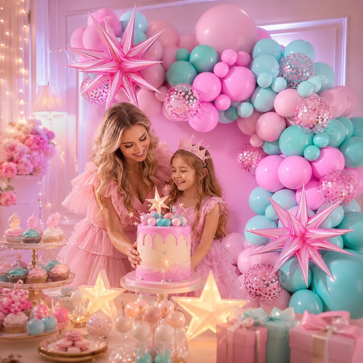 KIT DE GUIRNALDA DE GLOBOS ROSA Y TURQUESA PASTEL LÁTEX - 5