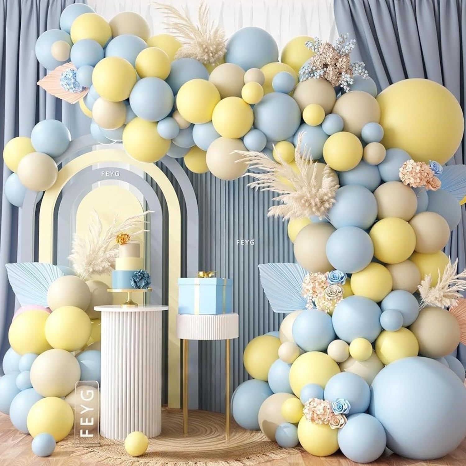 KIT DE GUIRNALDA DE GLOBOS AZUL Y AMARILLO PASTEL PARA DECORACIÓN DE FIESTA - 1