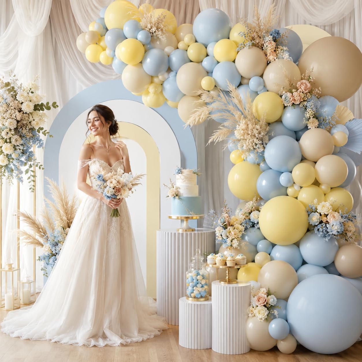 KIT DE GUIRNALDA DE GLOBOS AZUL Y AMARILLO PASTEL PARA DECORACIÓN DE FIESTA - 4