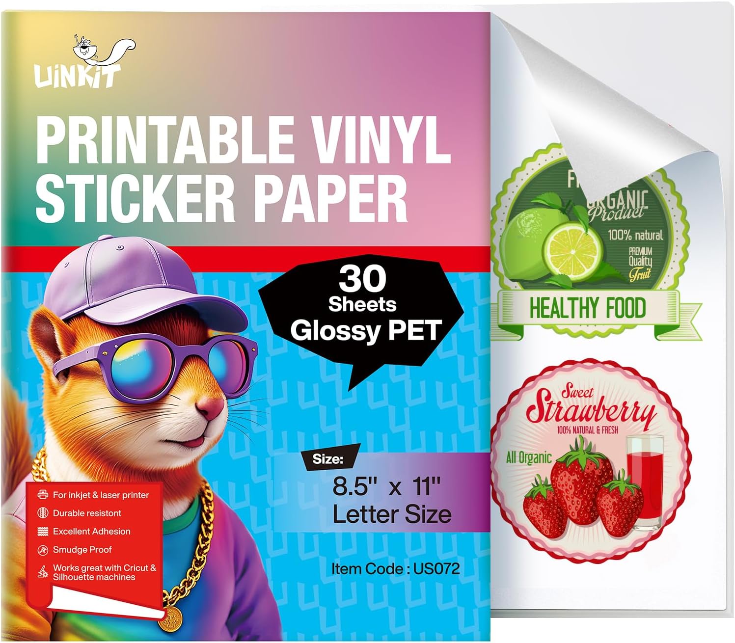 PAPEL ADHESIVO PET BRILLANTE UINKIT TAMAÑO CARTA 8.5X11, 30 HOJAS - 1