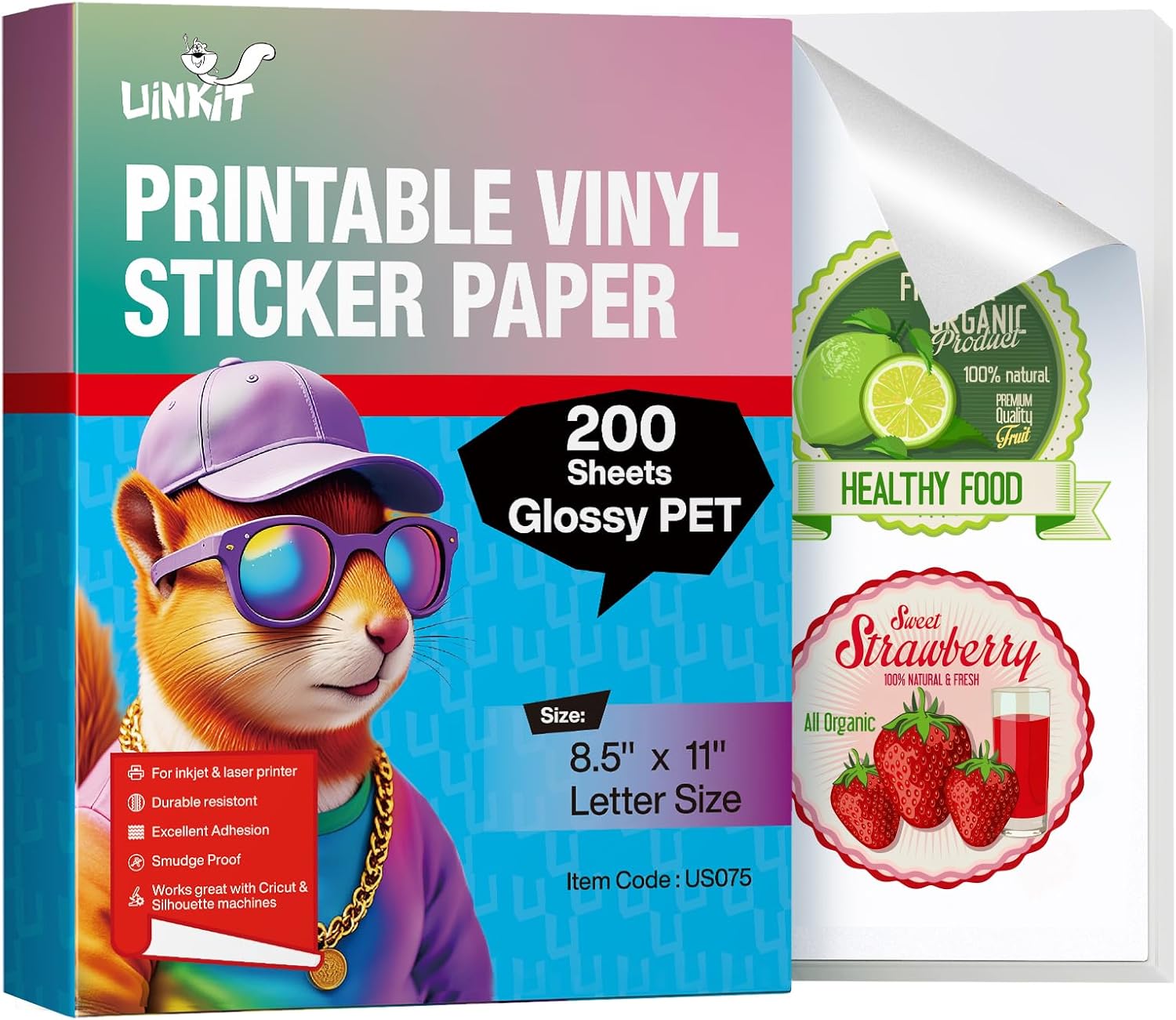 PAPEL ADHESIVO IMPRIMIBLE UINKIT BRILLANTE TAMAÑO CARTA 8.5X11' 200 HOJAS - 1
