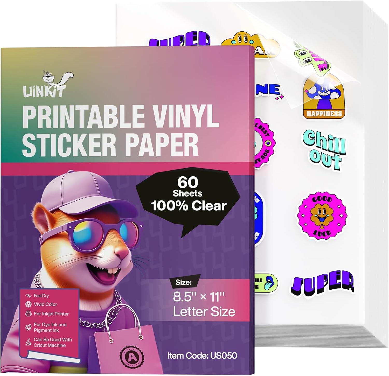 PAPEL ADHESIVO TRANSPARENTE IMPRIMIBLE UINKIT TAMAÑO CARTA 8.5X11 PULGADAS - 1
