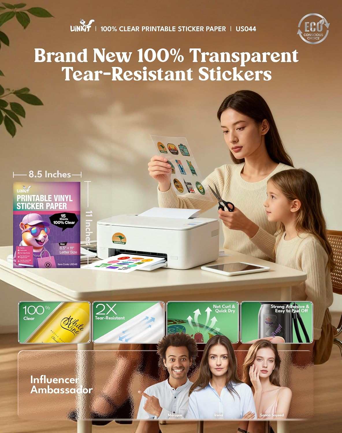 PAPEL ADHESIVO TRANSPARENTE IMPRIMIBLE UINKIT TAMAÑO CARTA 8.5X11 PULGADAS - 2
