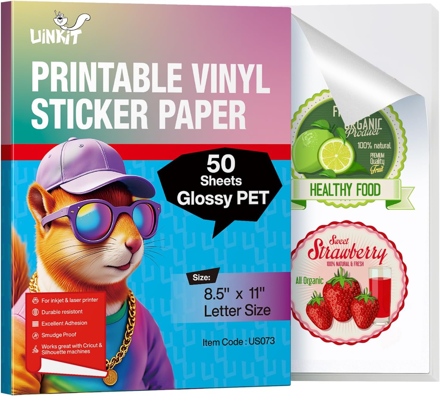 PAPEL ADHESIVO IMPRIMIBLE UINKIT BRILLANTE TAMAÑO CARTA 8.5X11' 50 HOJAS - 1